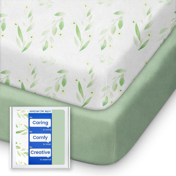 TotBasic Sage Green Botanical Leaf sheets highlight soft, breathable fabric for cozy baby nights.
