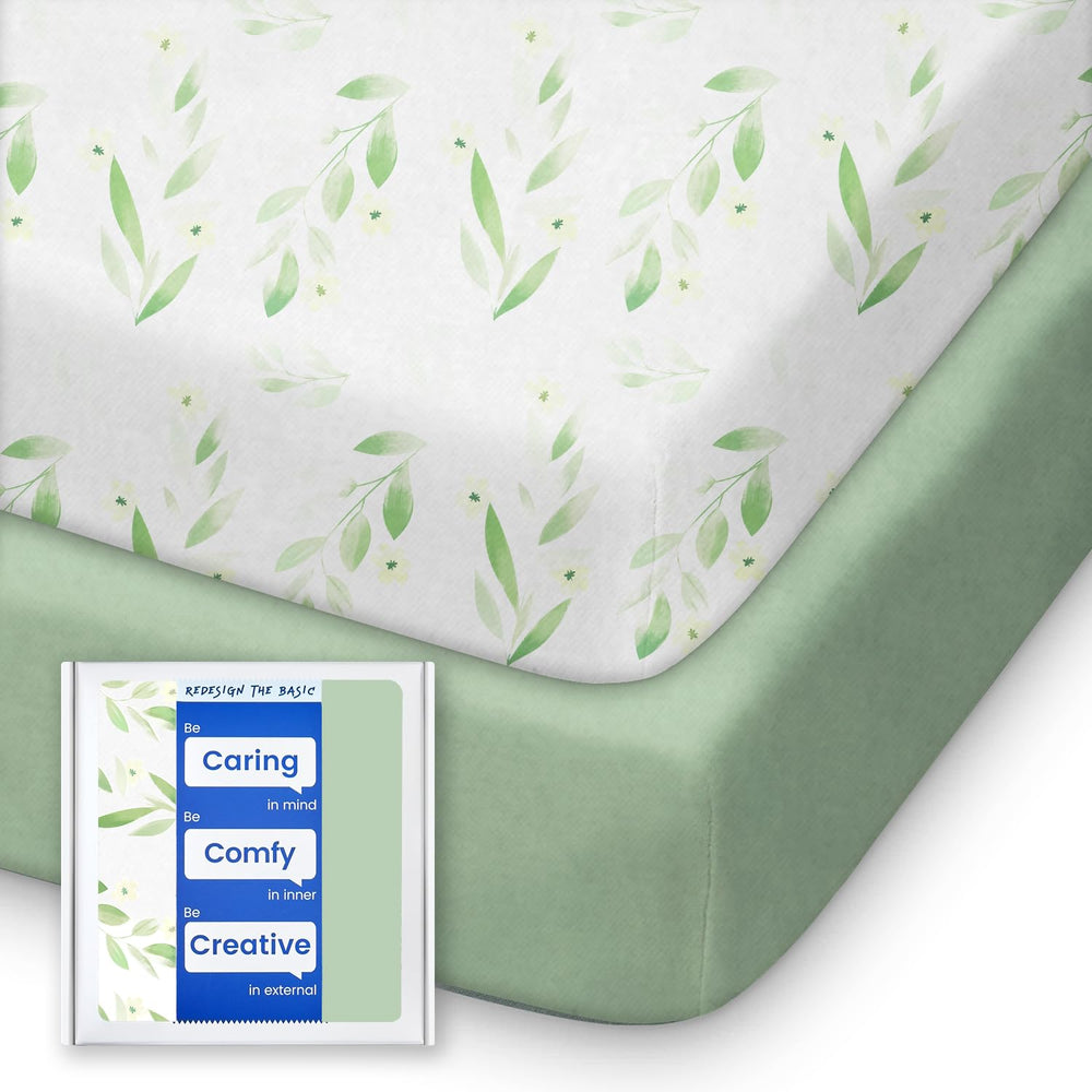 TotBasic Sage Green Botanical Leaf sheets highlight soft, breathable fabric for cozy baby nights.