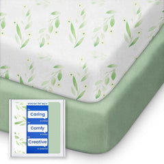 TotBasic Sage Green Botanical Leaf sheets highlight soft, breathable fabric for cozy baby nights.