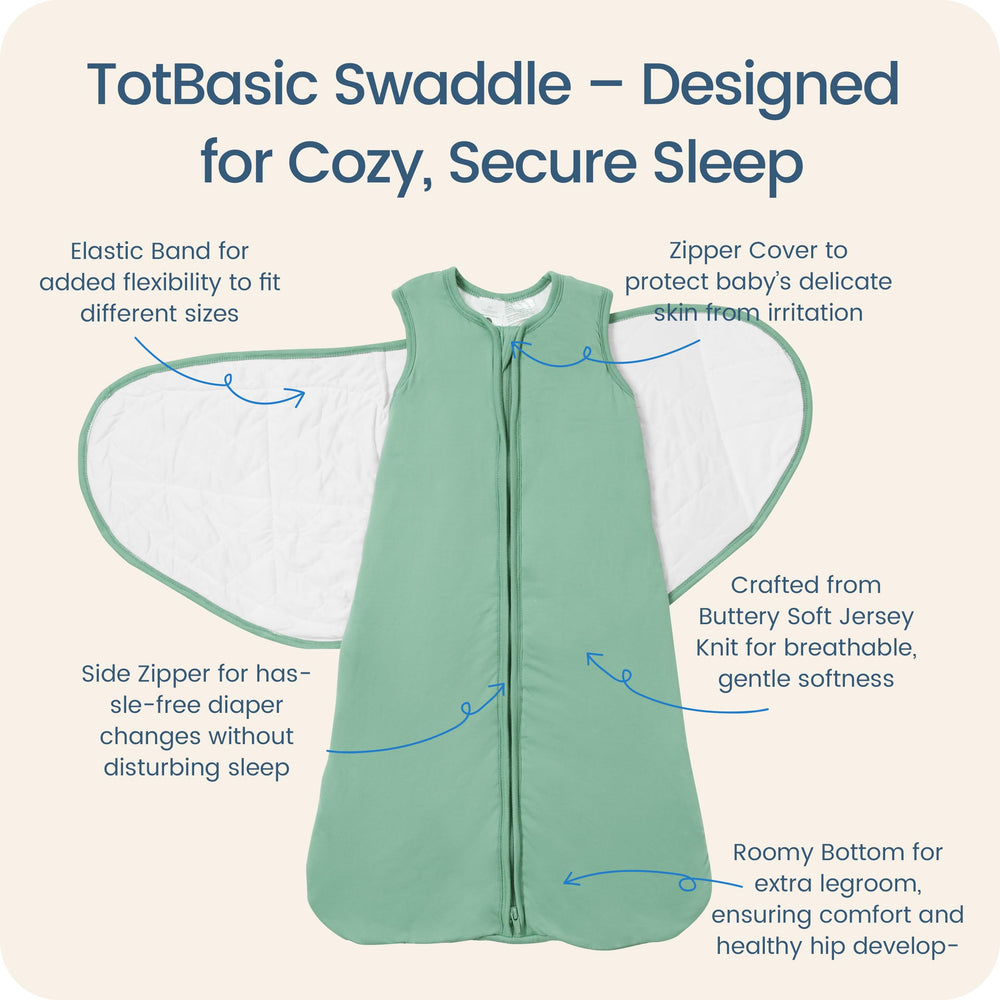 TOTBASIC Sage swaddle transition demonstrates secure setup for 3–6 months.