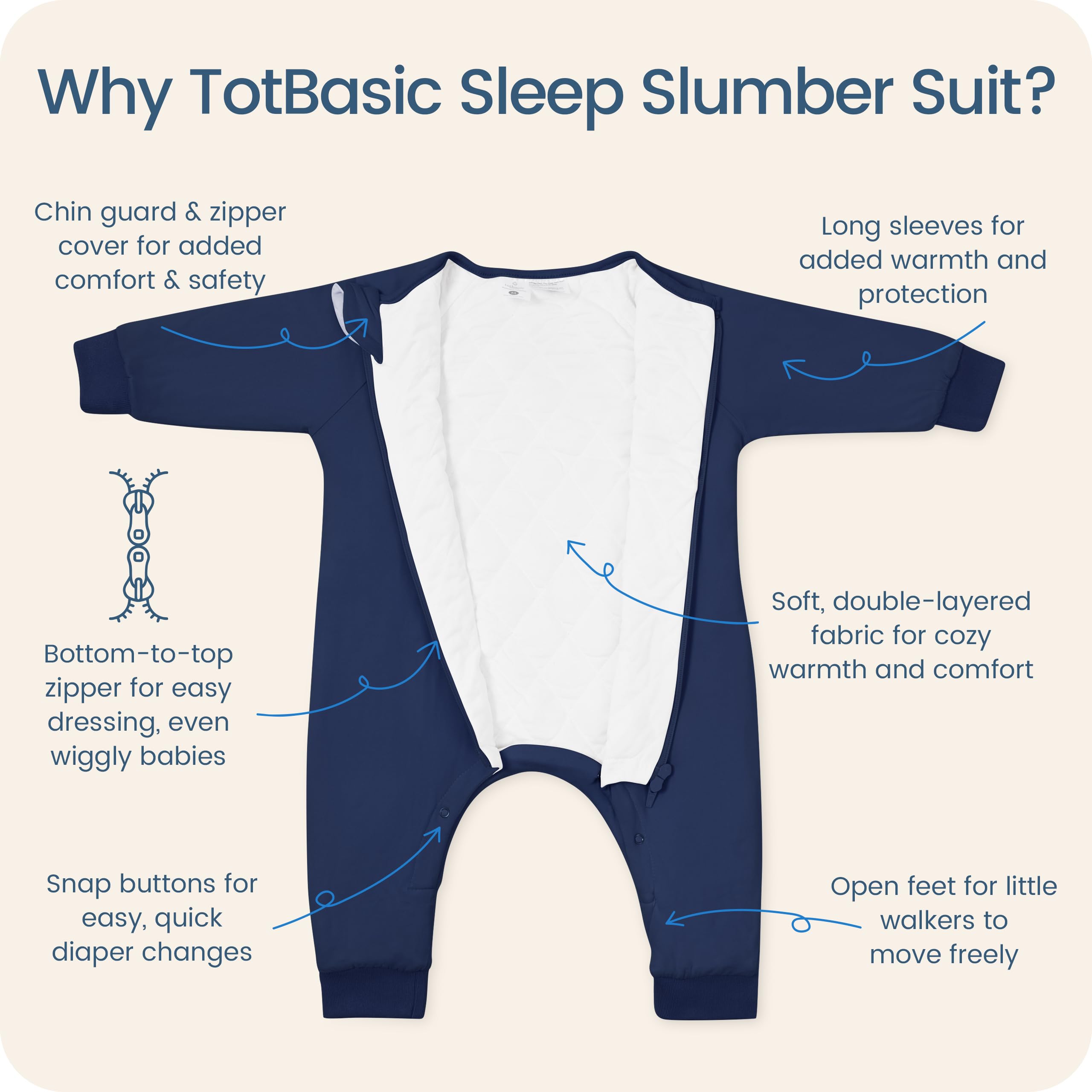 TOTBASIC sleep sack with leg openings for safe movement during walking.