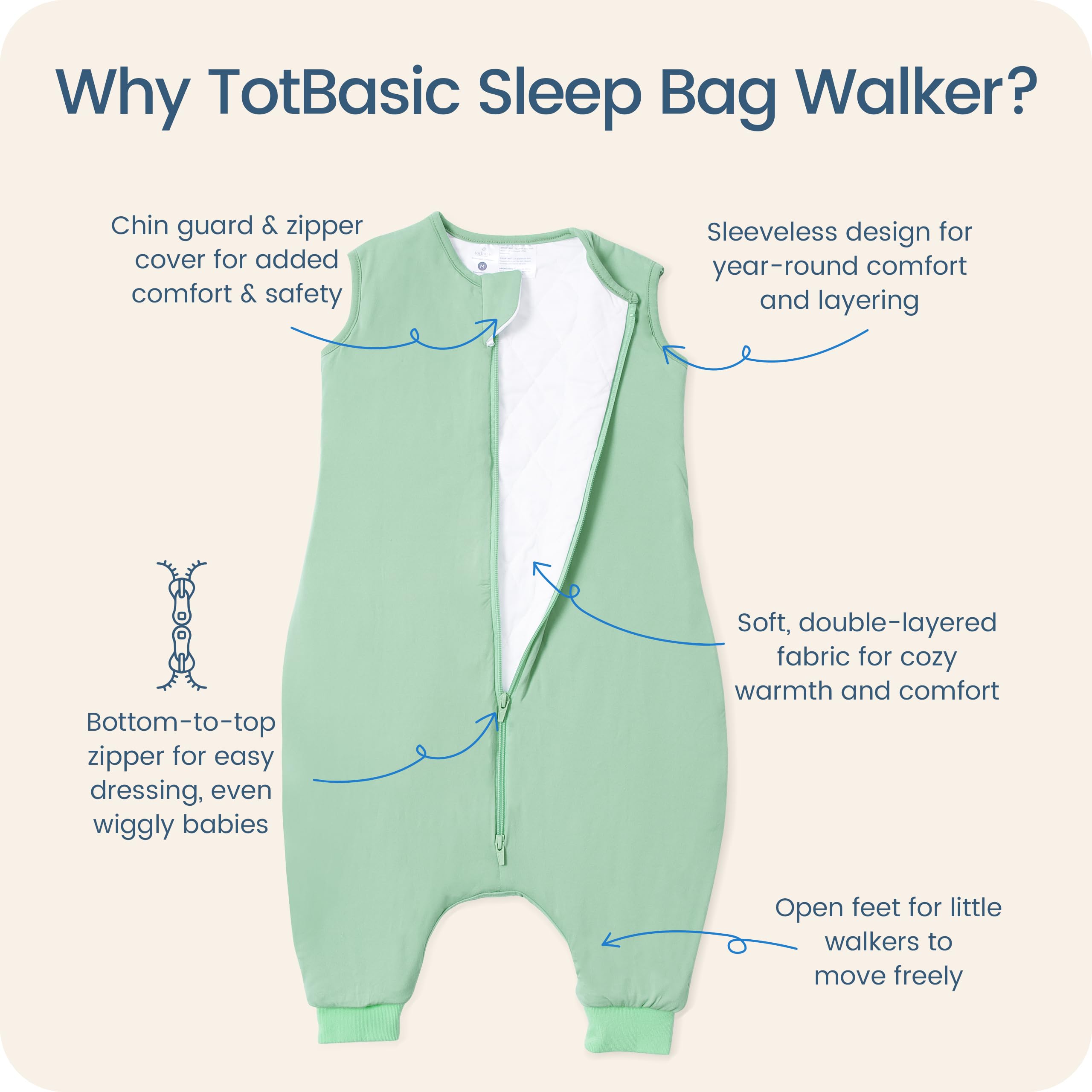 TOTBASIC sleep sack with legs supports active walkers while maintaining warmth