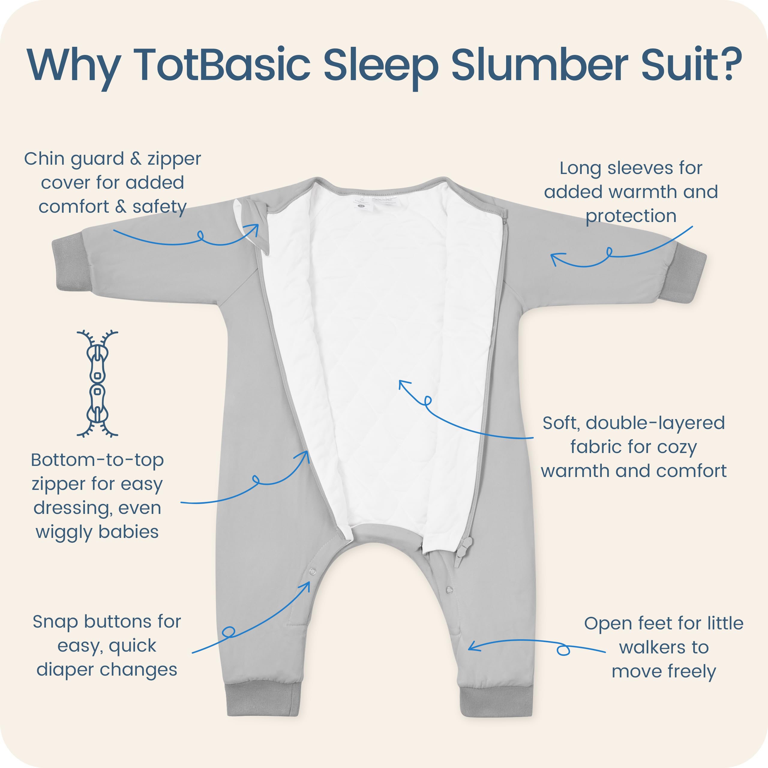 TOTBASIC sleep sack soft fabric in storm for gentle skin and all-night comfort.