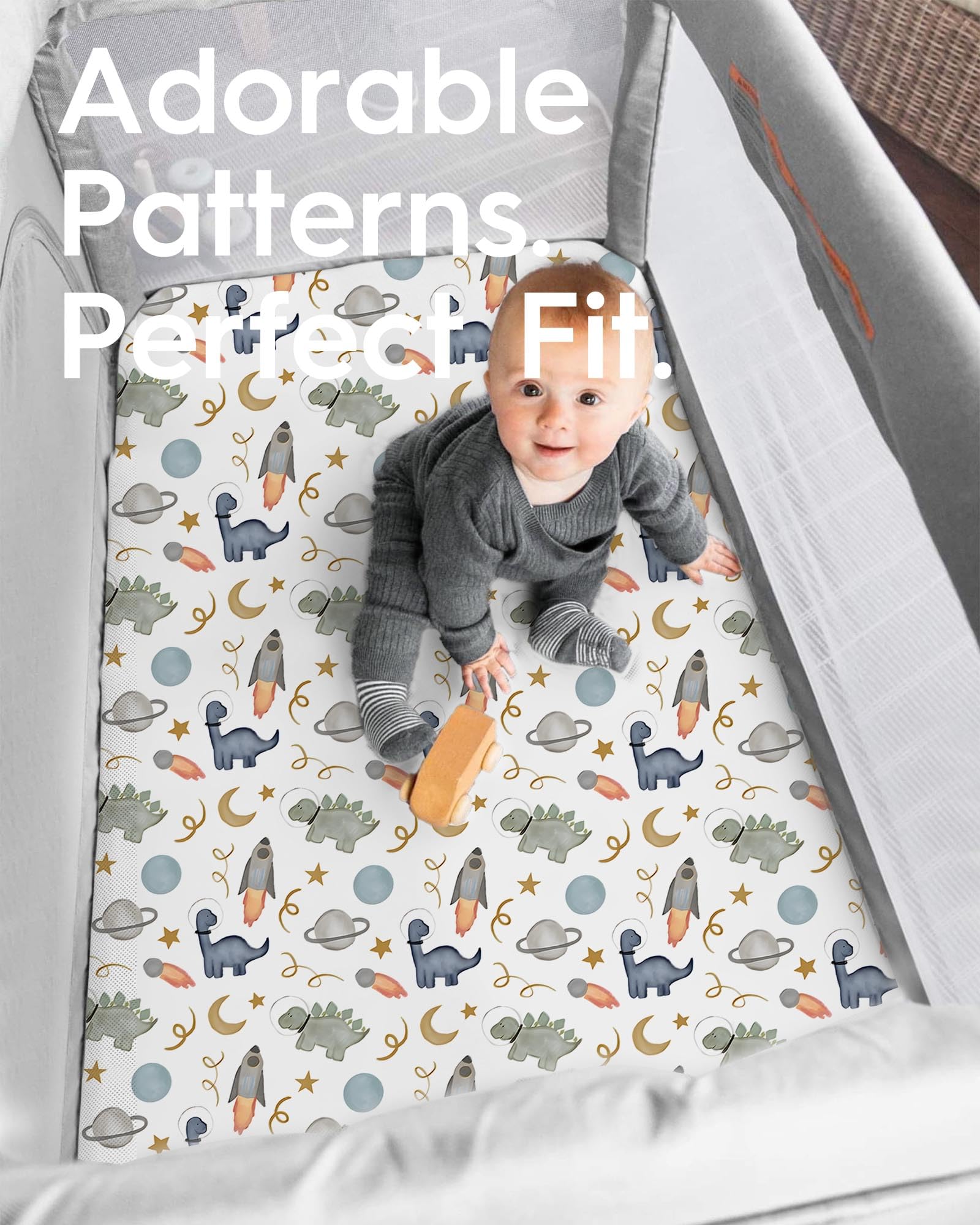 Snug-fit elastic edge keeps pack n play sheets secure during baby wiggles.