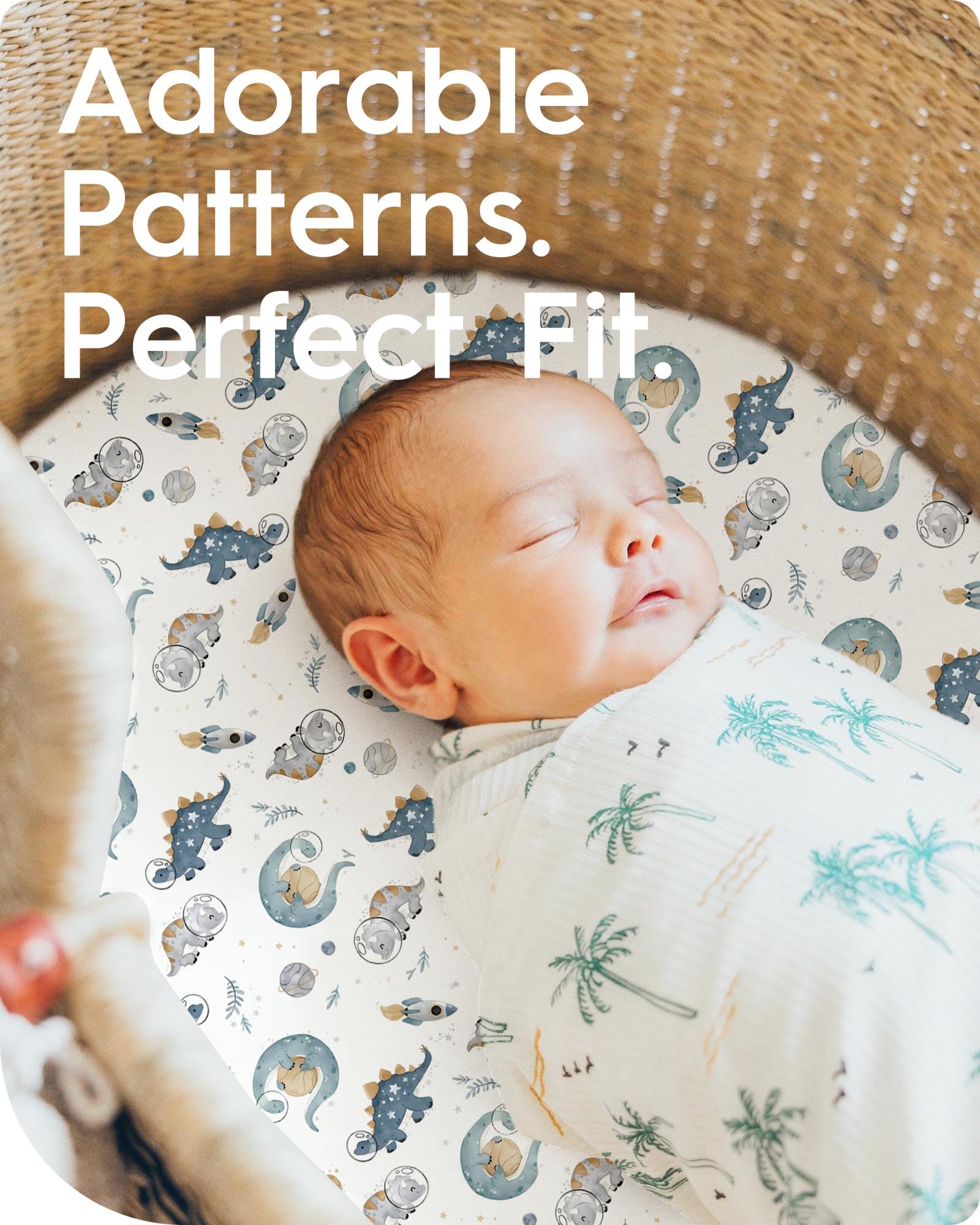 TotBASIC snugfit band keeps the sheet securely in place for peaceful naps.