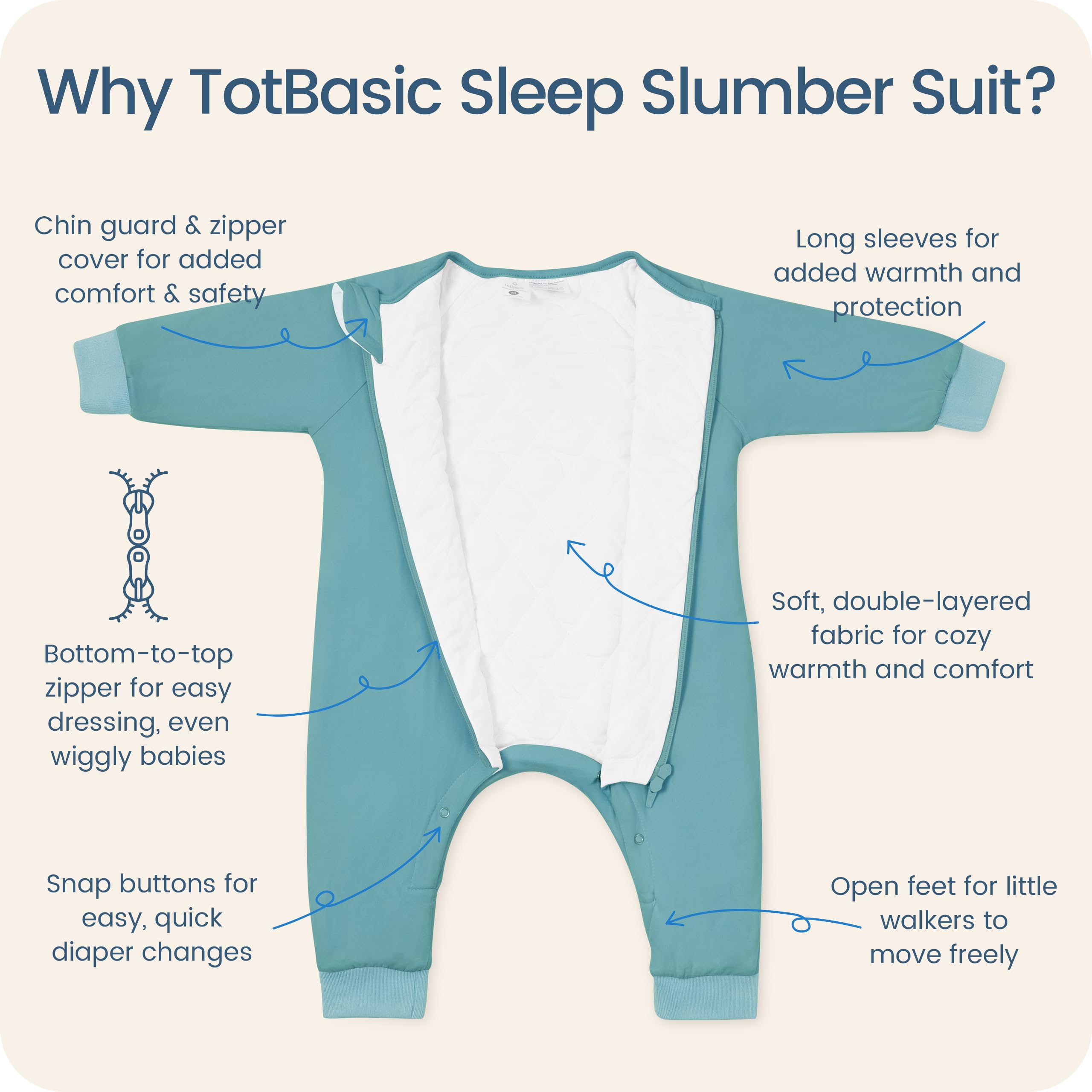 TotBasic long sleeve sleep sack with breathable fabric for soft, comfortable wear