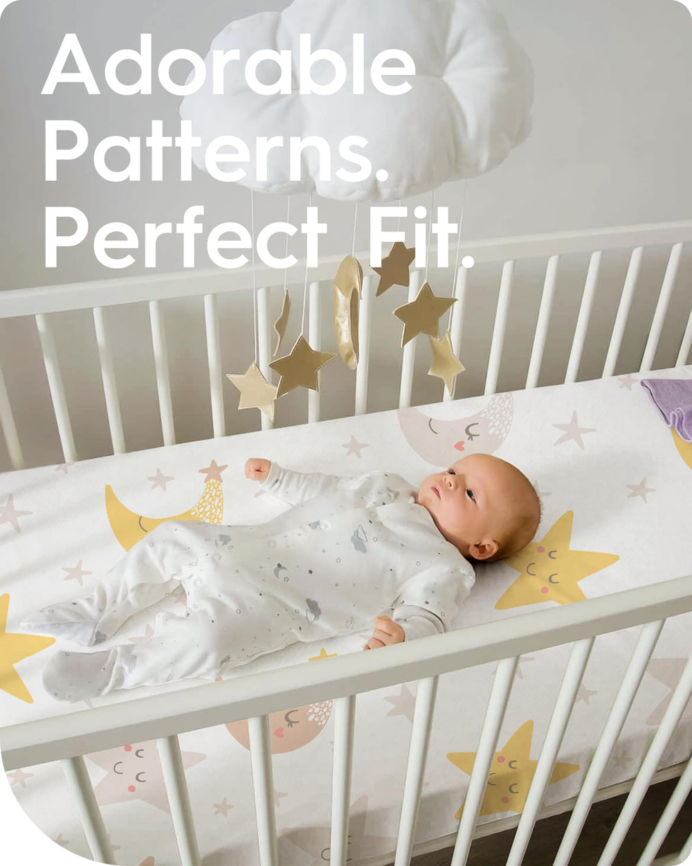 Star-design crib sheet fits standard mattresses securely with deep pockets.