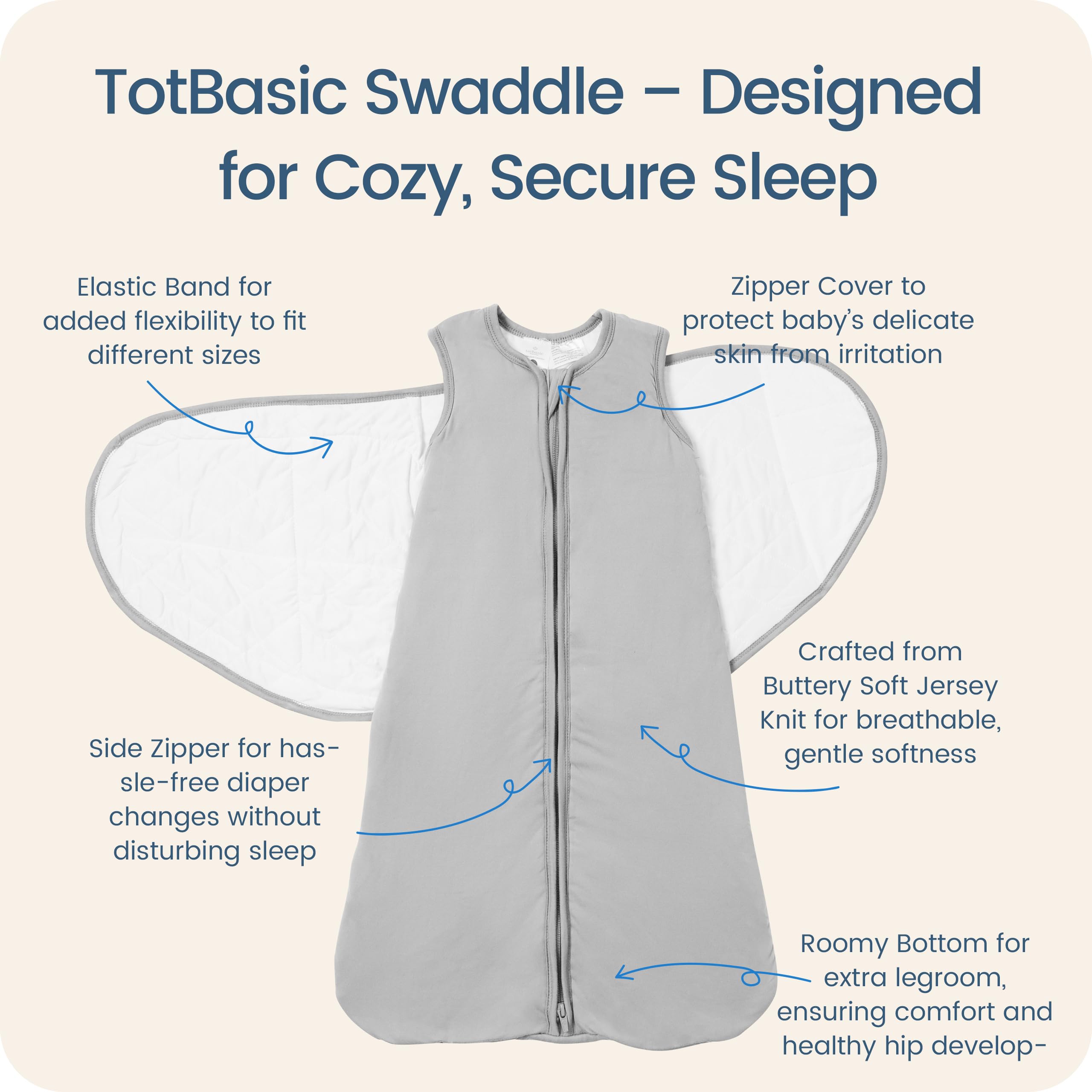 TOTBASIC Storm swaddle in transition stage with adjustable fit for growing baby