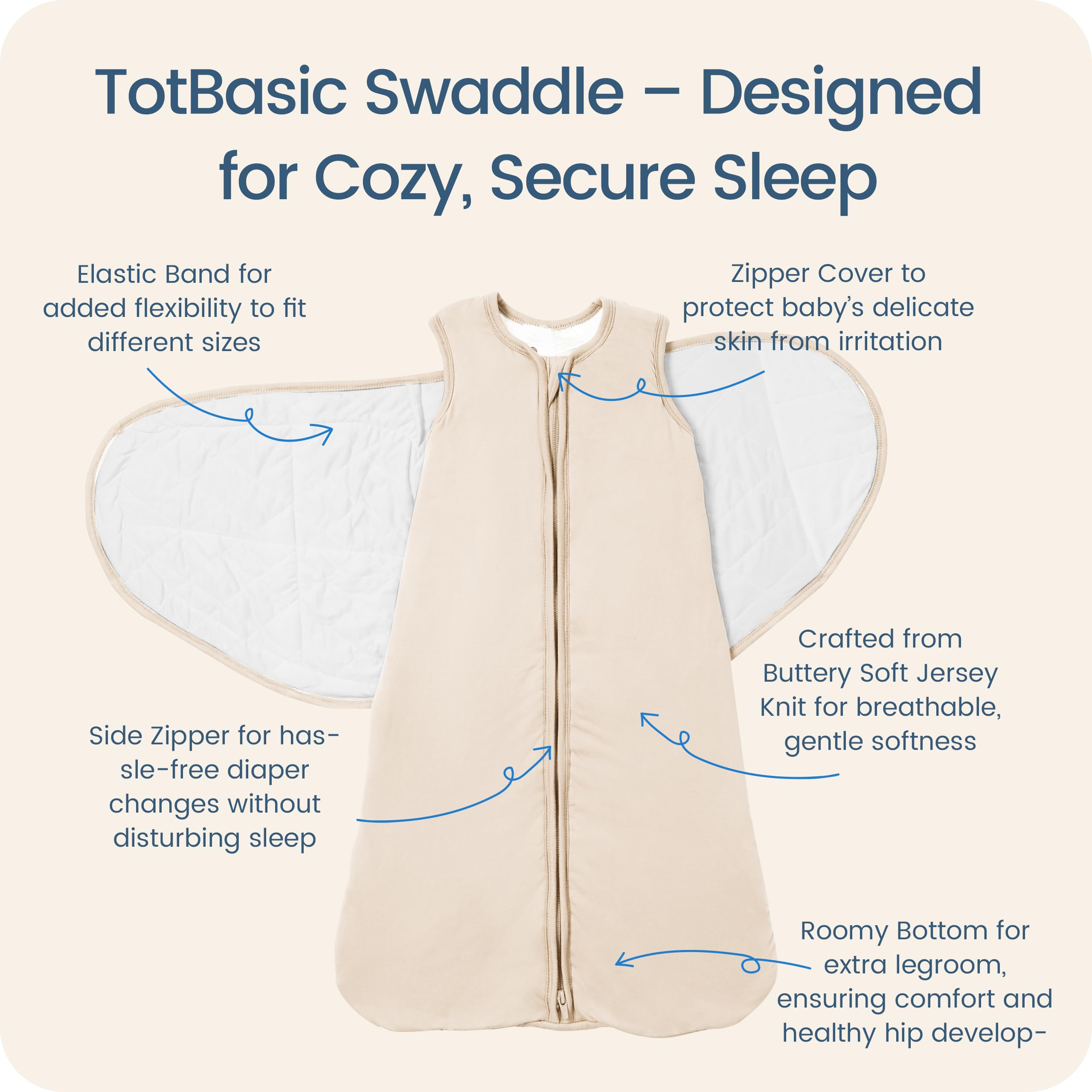TOTBASIC swaddle sleep sack with Velcro adjustments for growing babies.