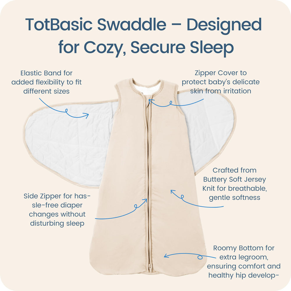 TOTBASIC swaddle uses Velcro fasteners to keep baby snug and wrapped.