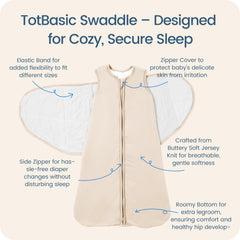 TOTBASIC swaddle uses Velcro fasteners to keep baby snug and wrapped.