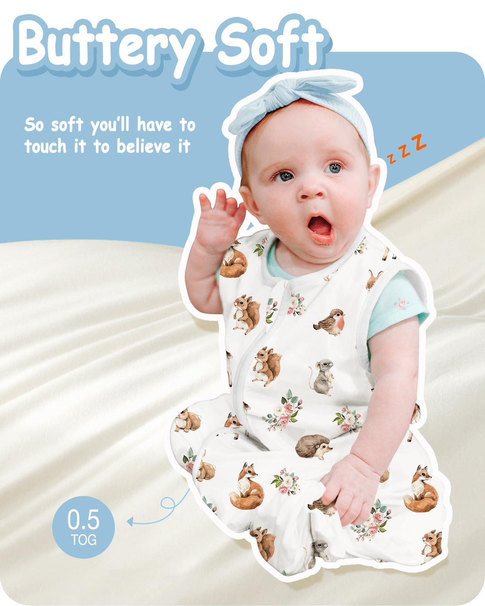 TOTBASIC Forest Whimsy sleep sack angled view highlights roomy leg pouch.