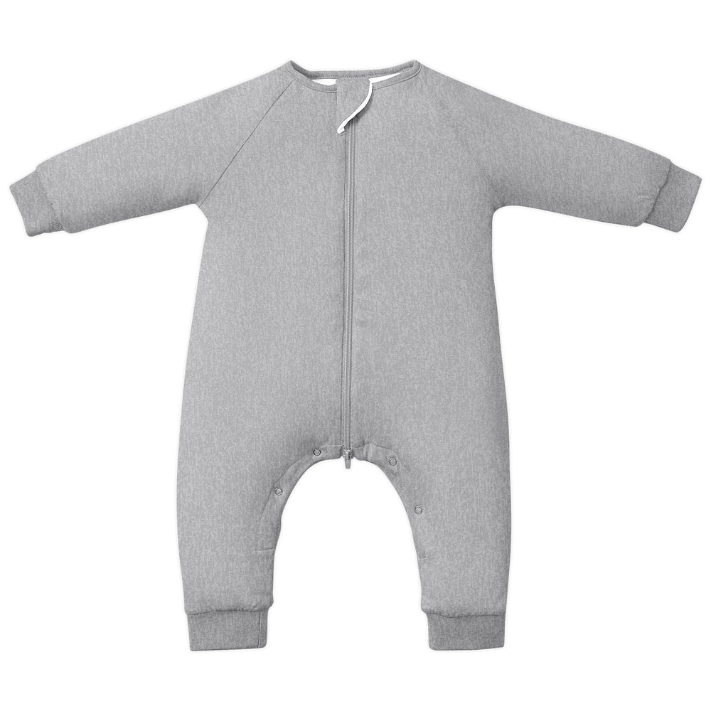 TOTBASIC Toddler Sleep Sack with Feet in Mix Grey demonstrates warm coverage for active sleepers.