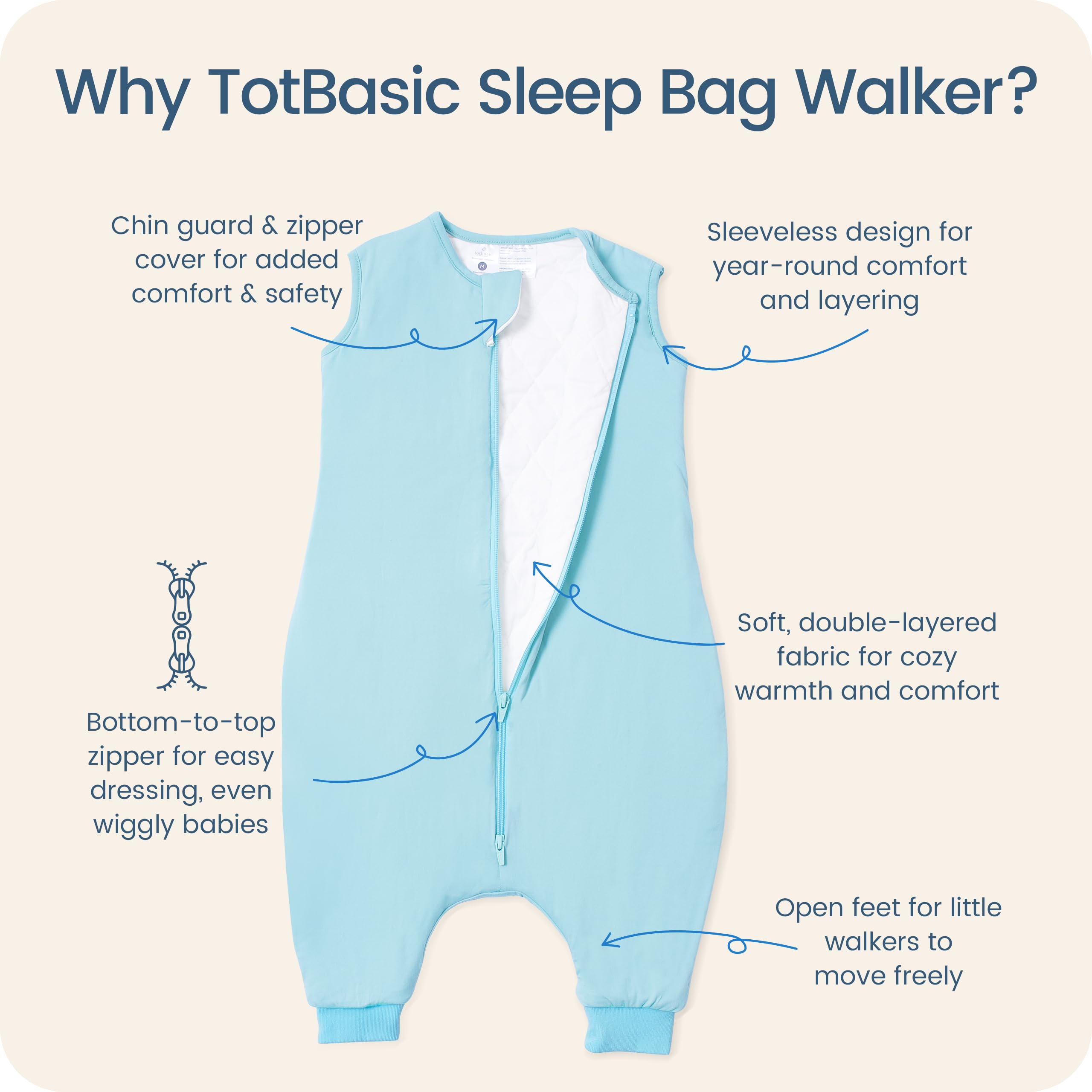 TOTBASIC breathable baby blue sleep sack with feet for toddler comfort