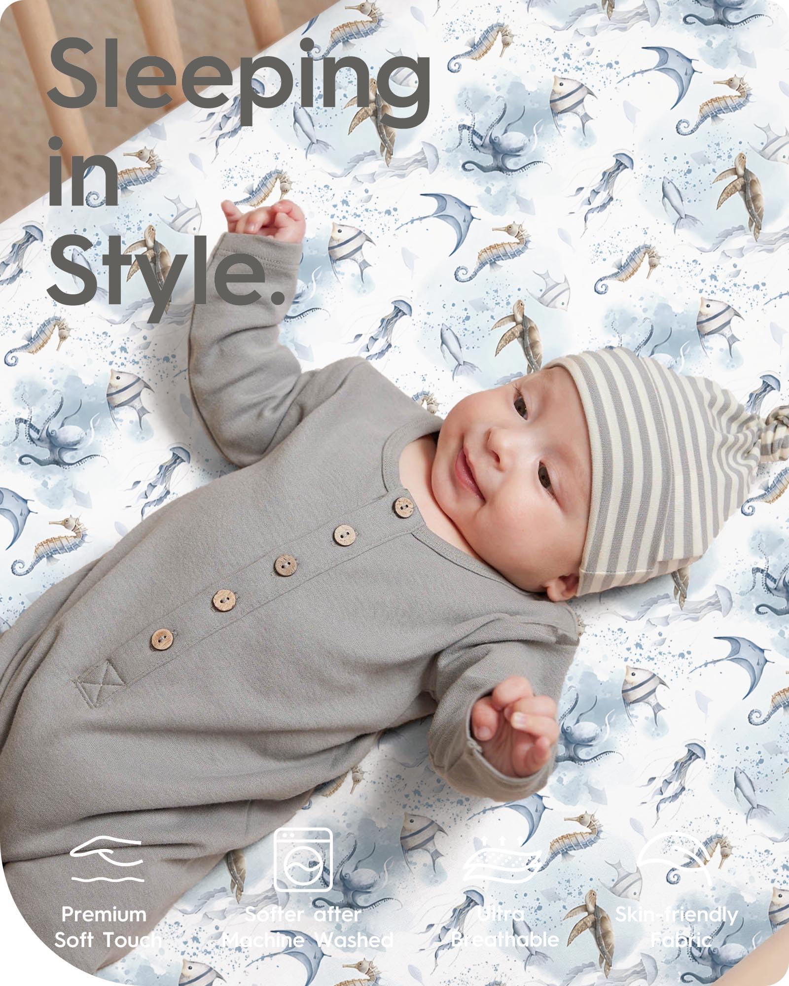 TotBasic ultra-soft jersey mini-crib sheets feel gentle on baby's skin.