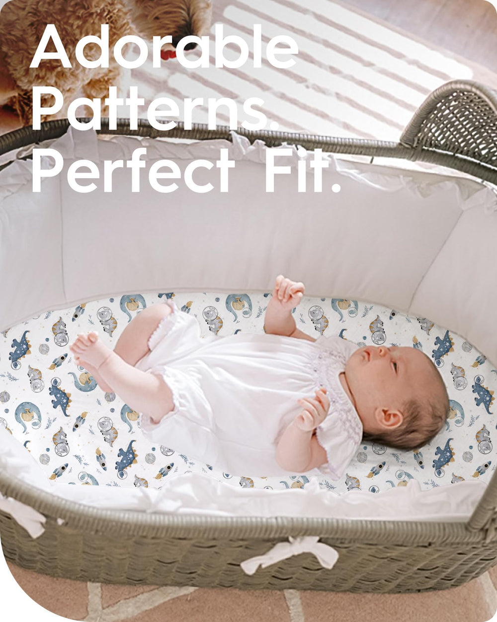 TotBASIC universal-fit bassinet sheet fits most standard bassinets for hassle-free setup.