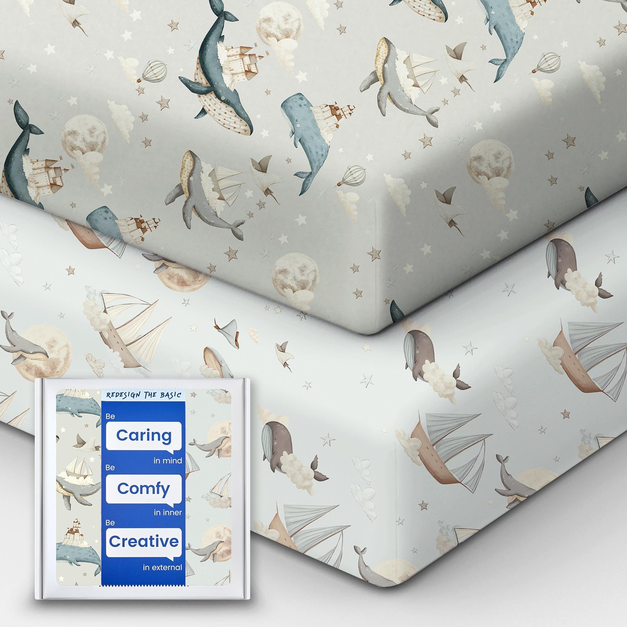 TOTBASIC Whale Dreams crib sheet laid flat for ultra-soft baby comfort