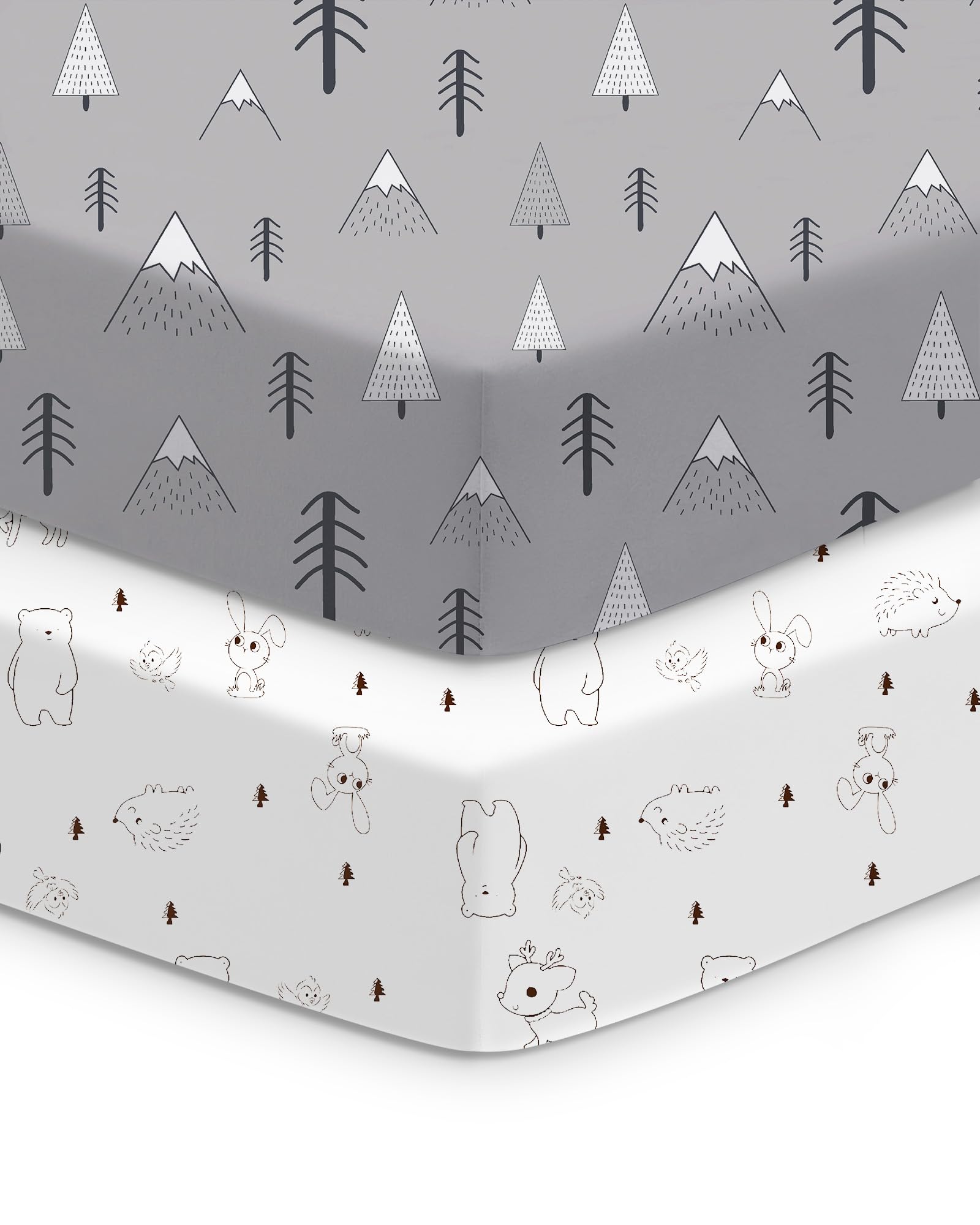 TotChill crib sheets in grey woodland print provide a snug, secure fit.