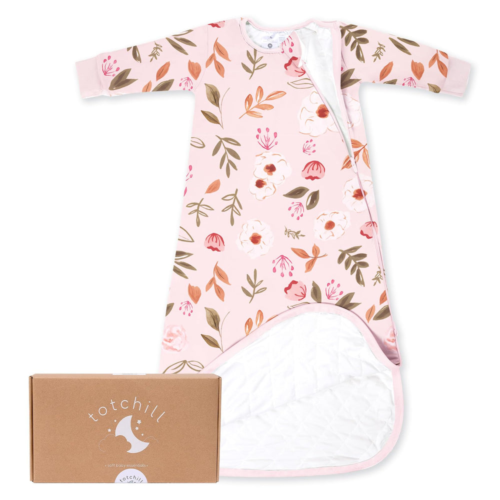 TOTCHILL baby sleep sack in pink floral, front view, promoting peaceful nights.
