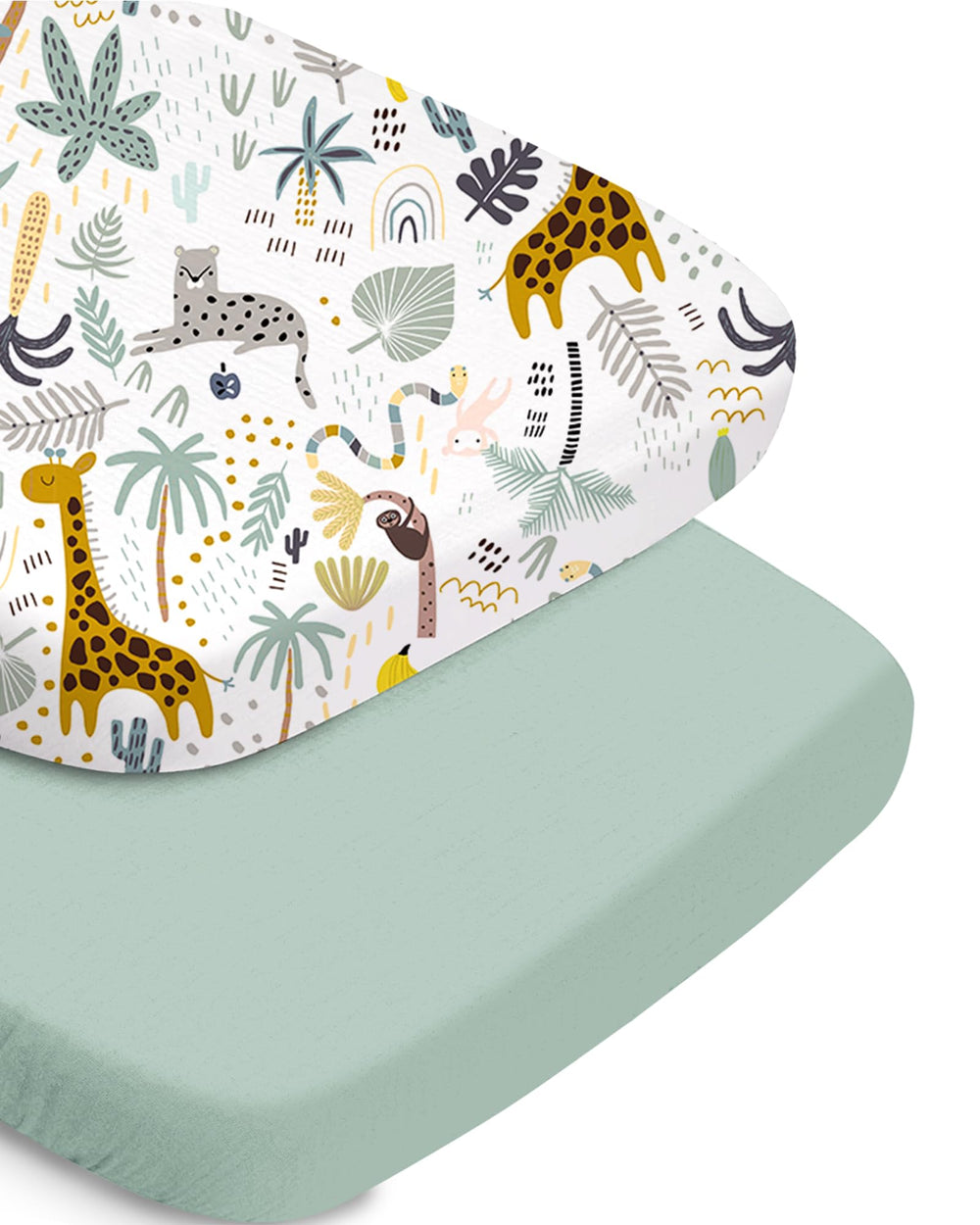 TotChill bassinet sheet Green Giraff 2-pack with unisex prints for cozy baby naps.