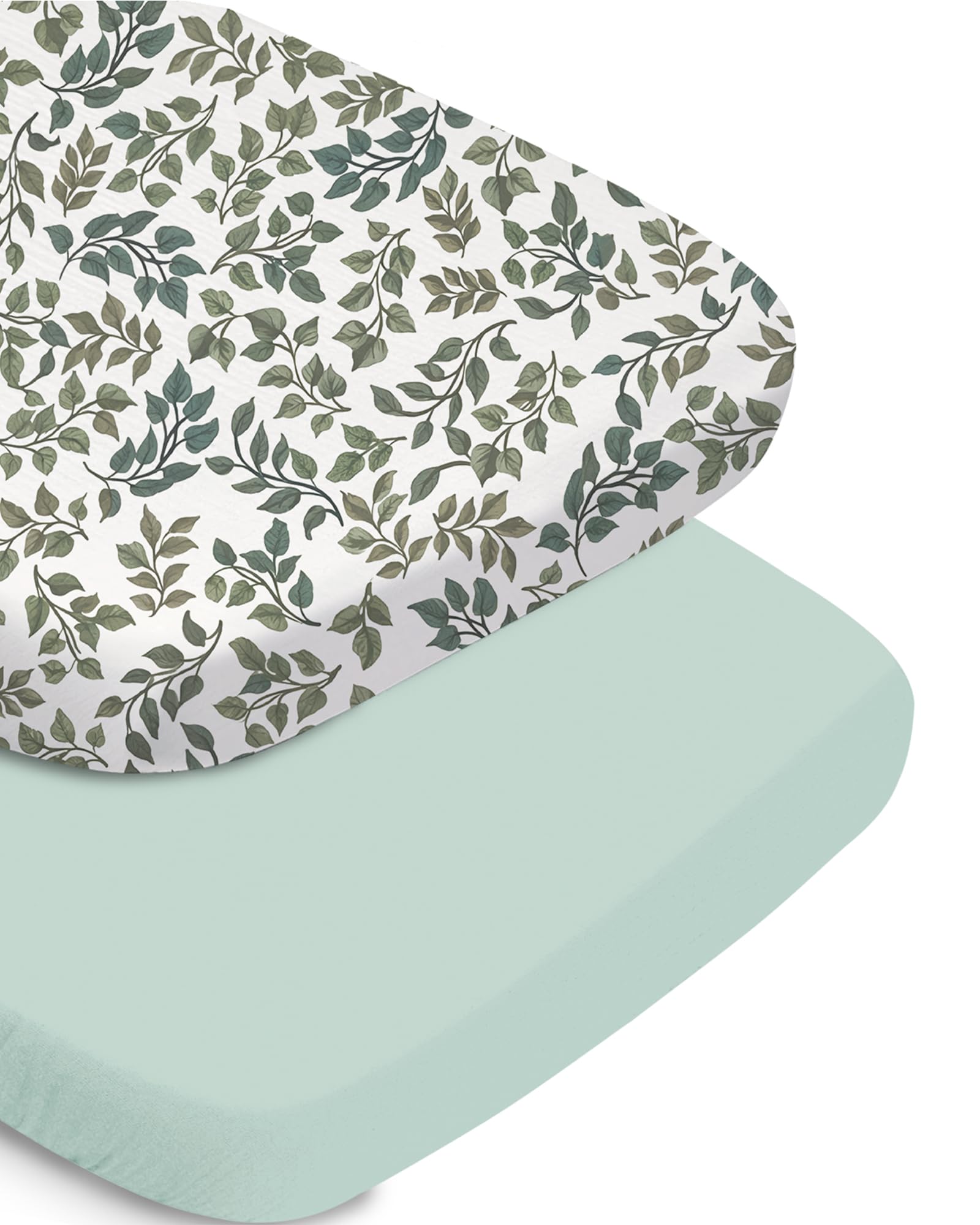 TotChill bassinet sheet with green leaf print, soft and breathable for baby.