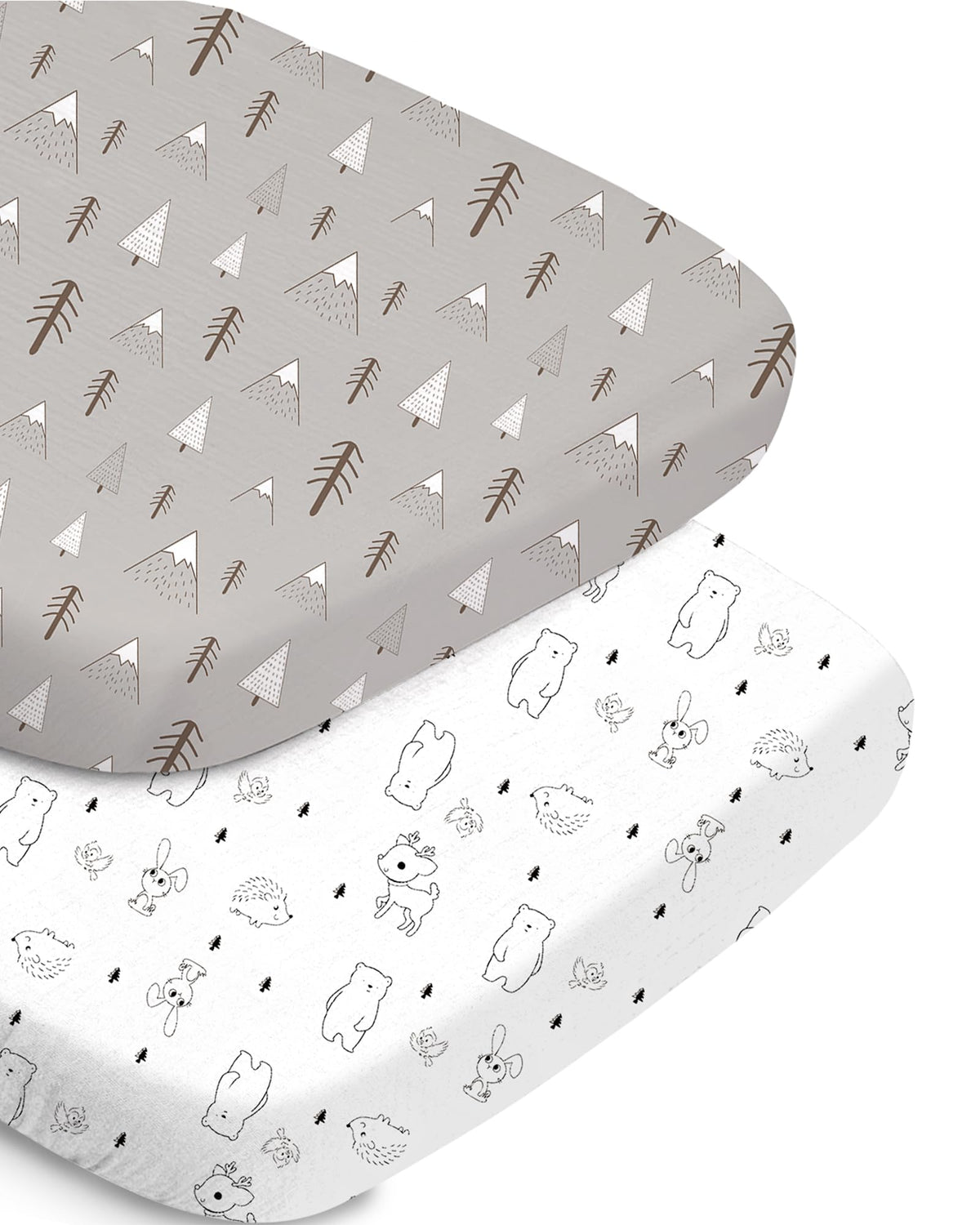 TotChill bassinet sheet in grey woodland print, soft and breathable for cozy naps.