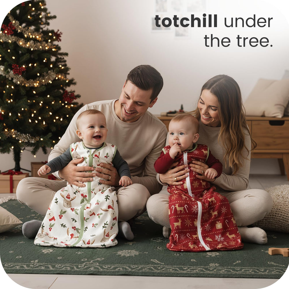 TOTCHILL Christmas Baby Sleep Sack zipper view demonstrates easy one-way access for quick night changes.