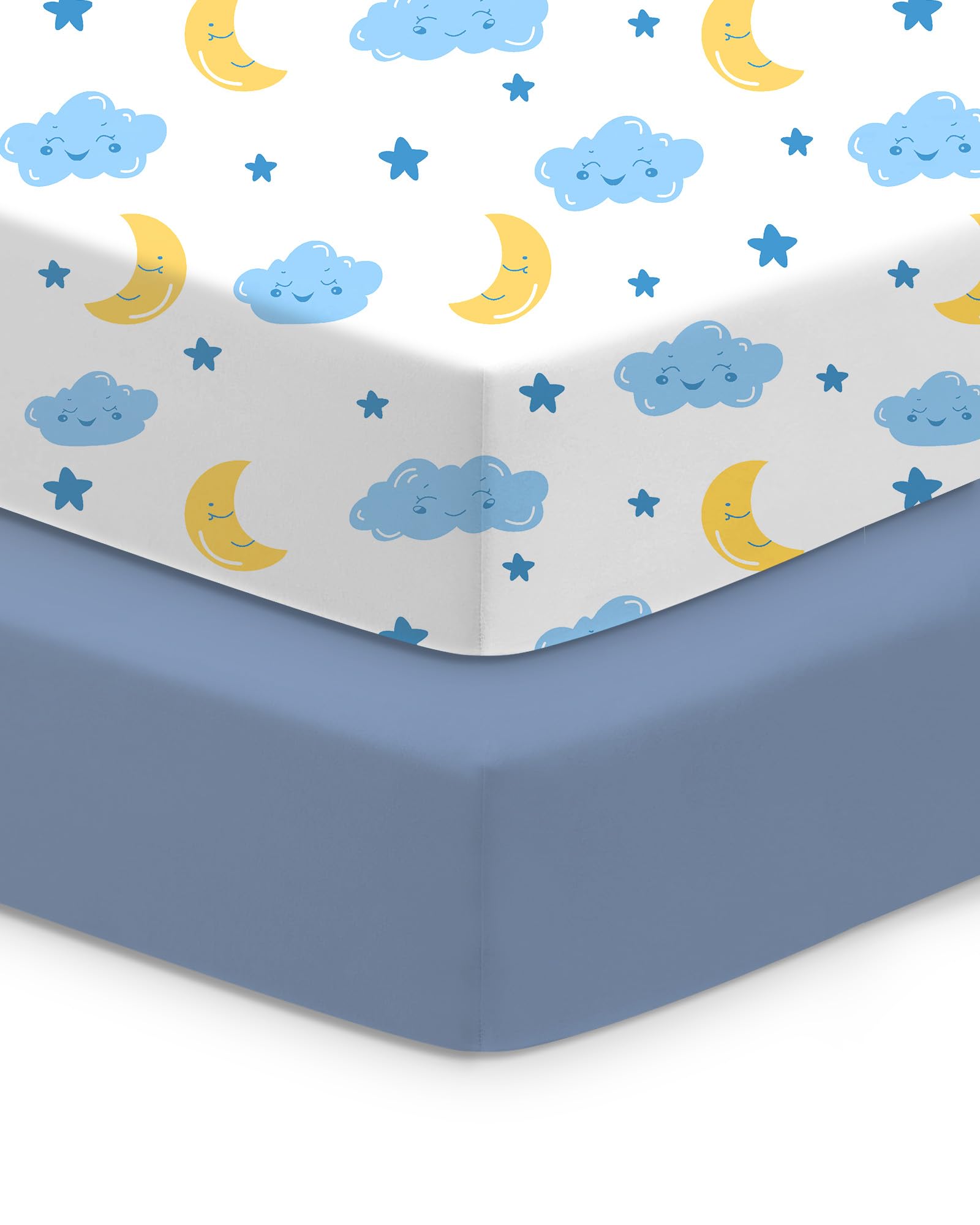 TotChill Cloud+Blue crib sheet close-up shows soft, breathable fabric for baby comfort.