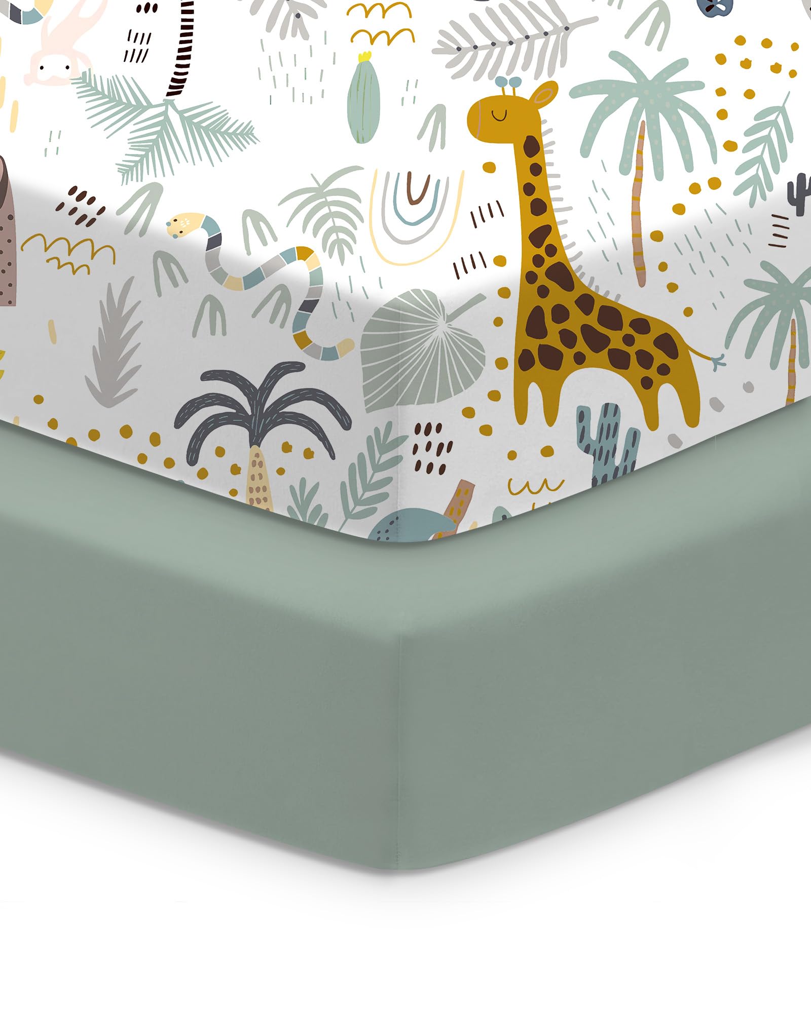 TotChill Green+Giraff pack-n-play sheet flat lay showing easy-to-fit design