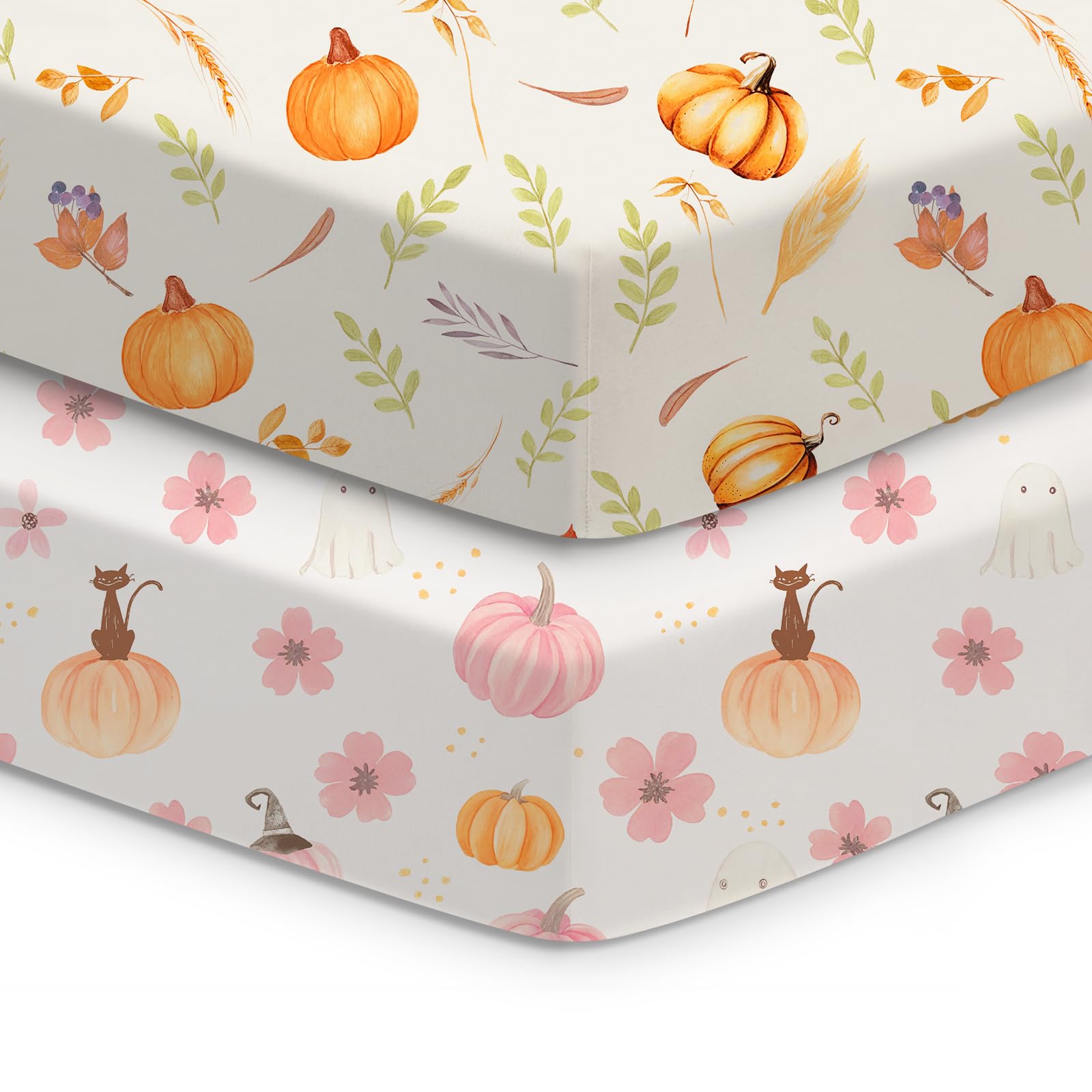 TOTCHILL Halloween crib sheets in pink pumpkin cat design for a snug fit.