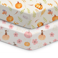 TOTCHILL Halloween crib sheets in pink pumpkin cat design for a snug fit.