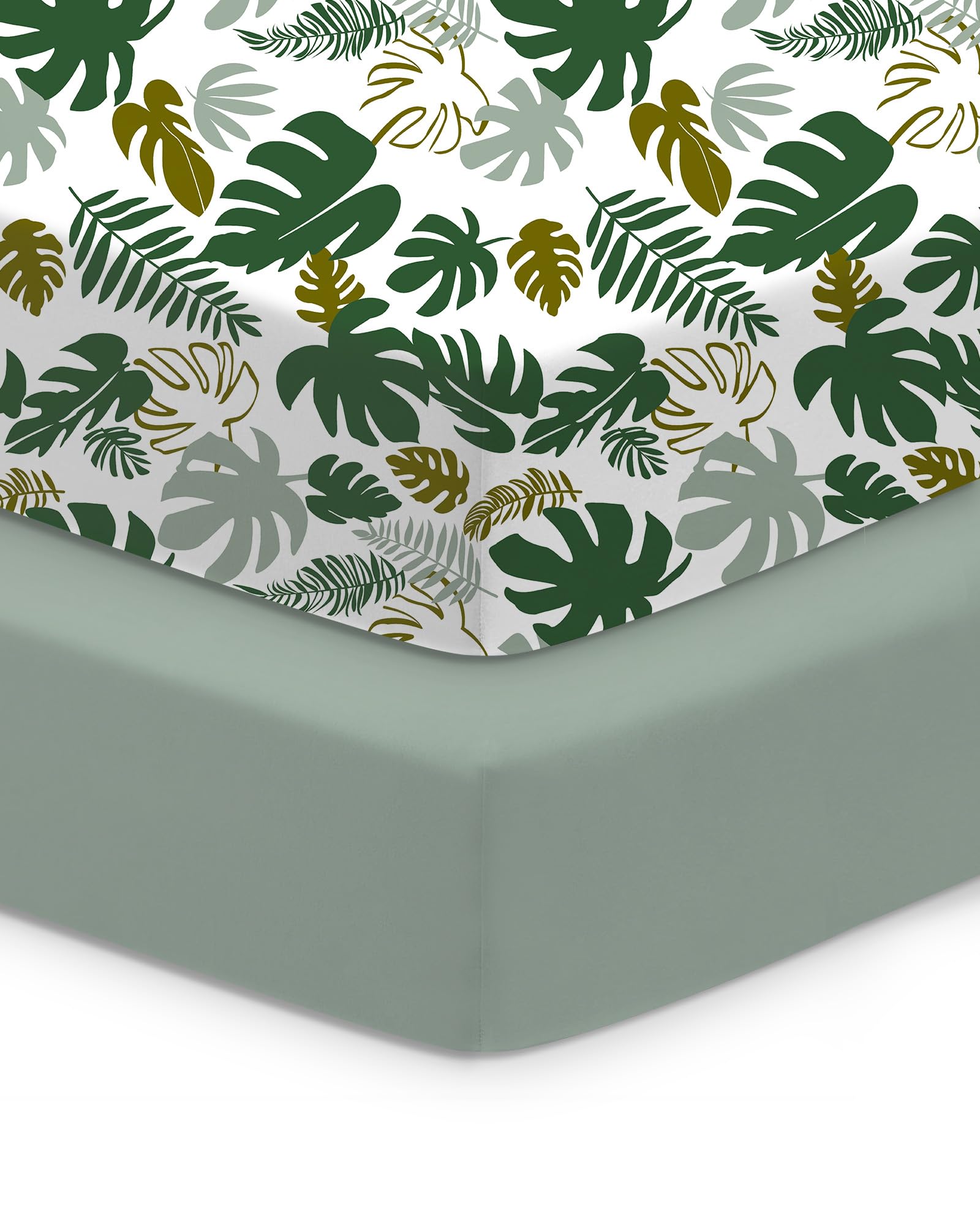 TotChill Monstera Green crib sheet 2-pack provides soft, breathable comfort for naps