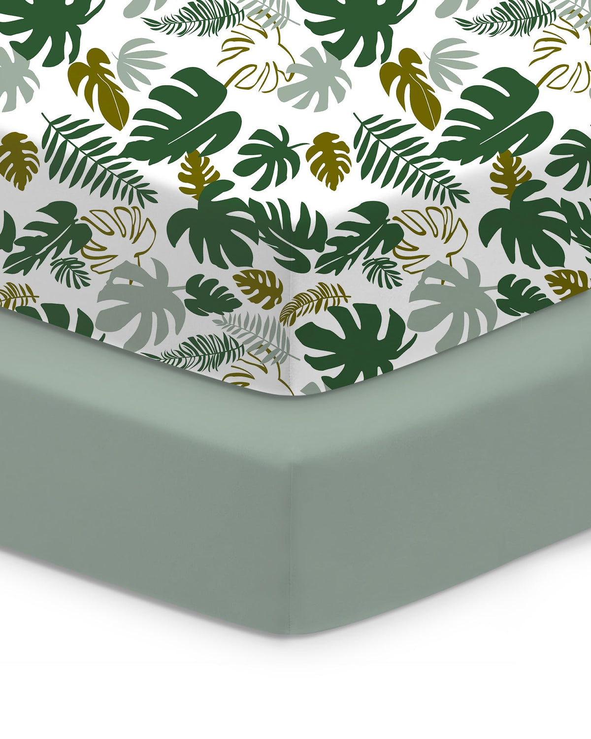 TotChill Monstera Green crib sheet 2-pack provides soft, breathable comfort for naps