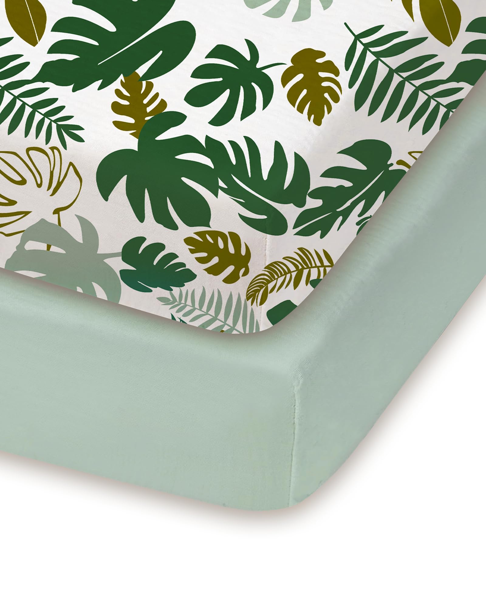 TotChill Monstera Green pack n play sheet fitted for secure, snug naps.