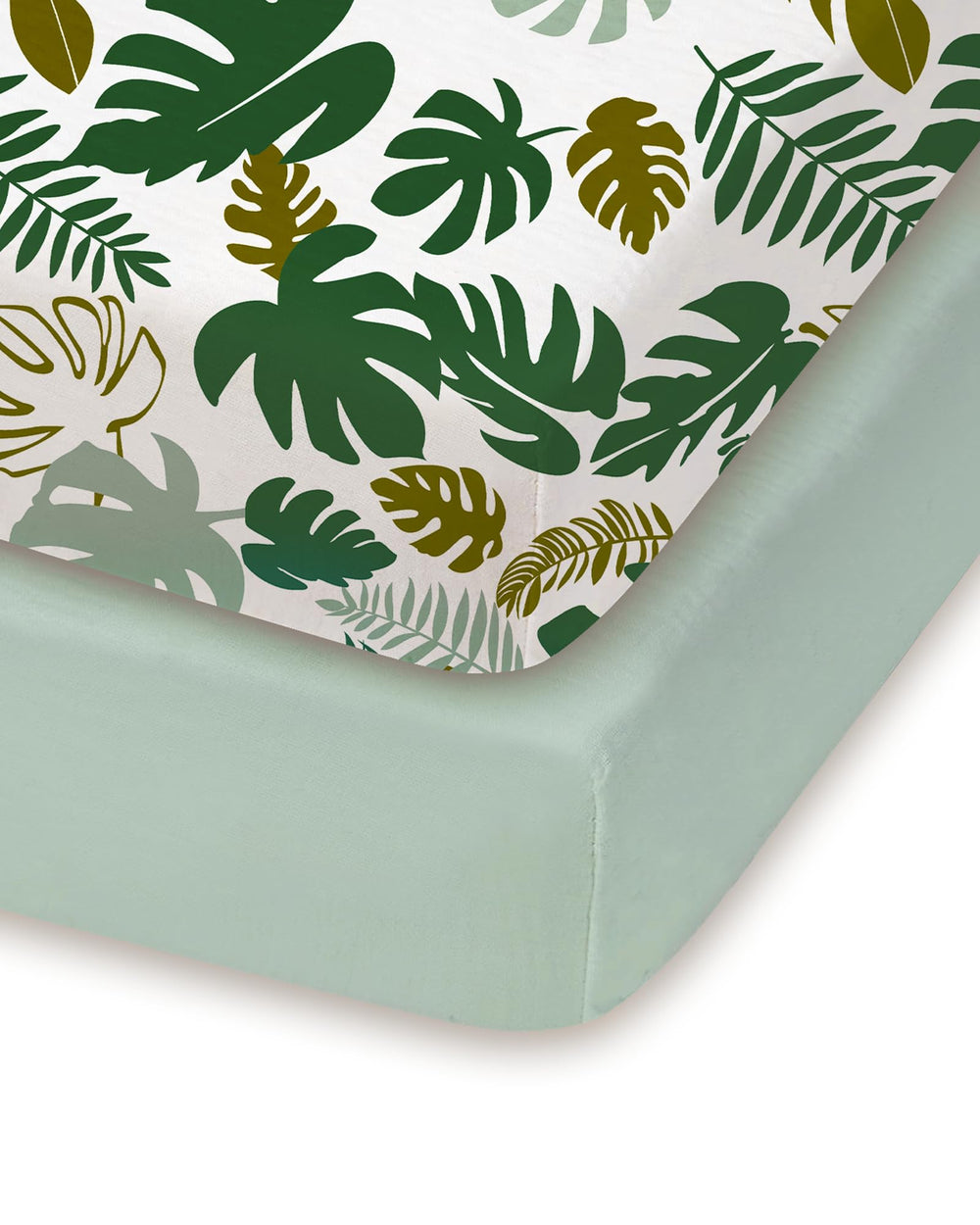 TotChill Monstera Green pack n play sheet fitted for secure, snug naps.