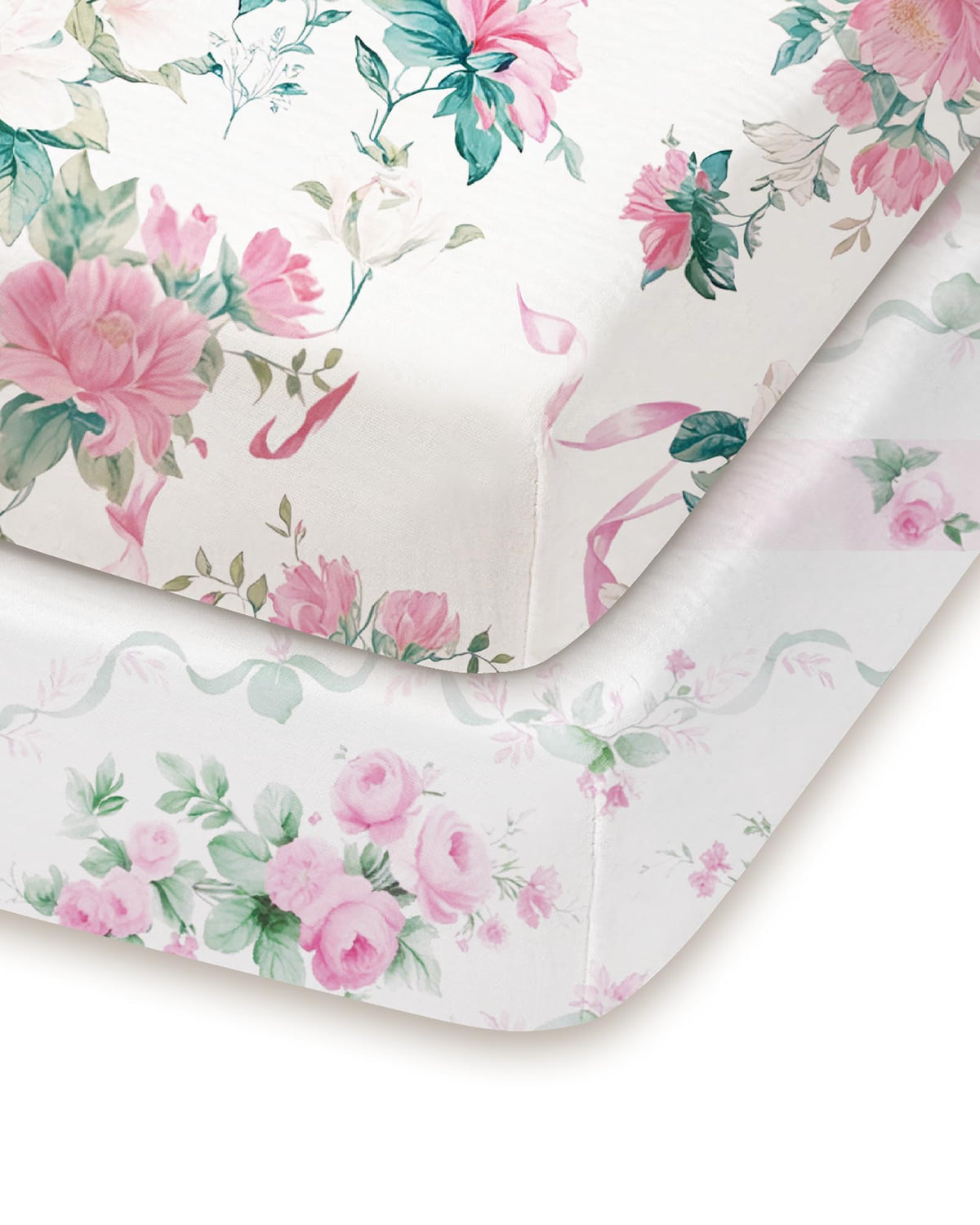 TotChill pack and play sheets in pink roses pattern for cozy, breathable comfort.