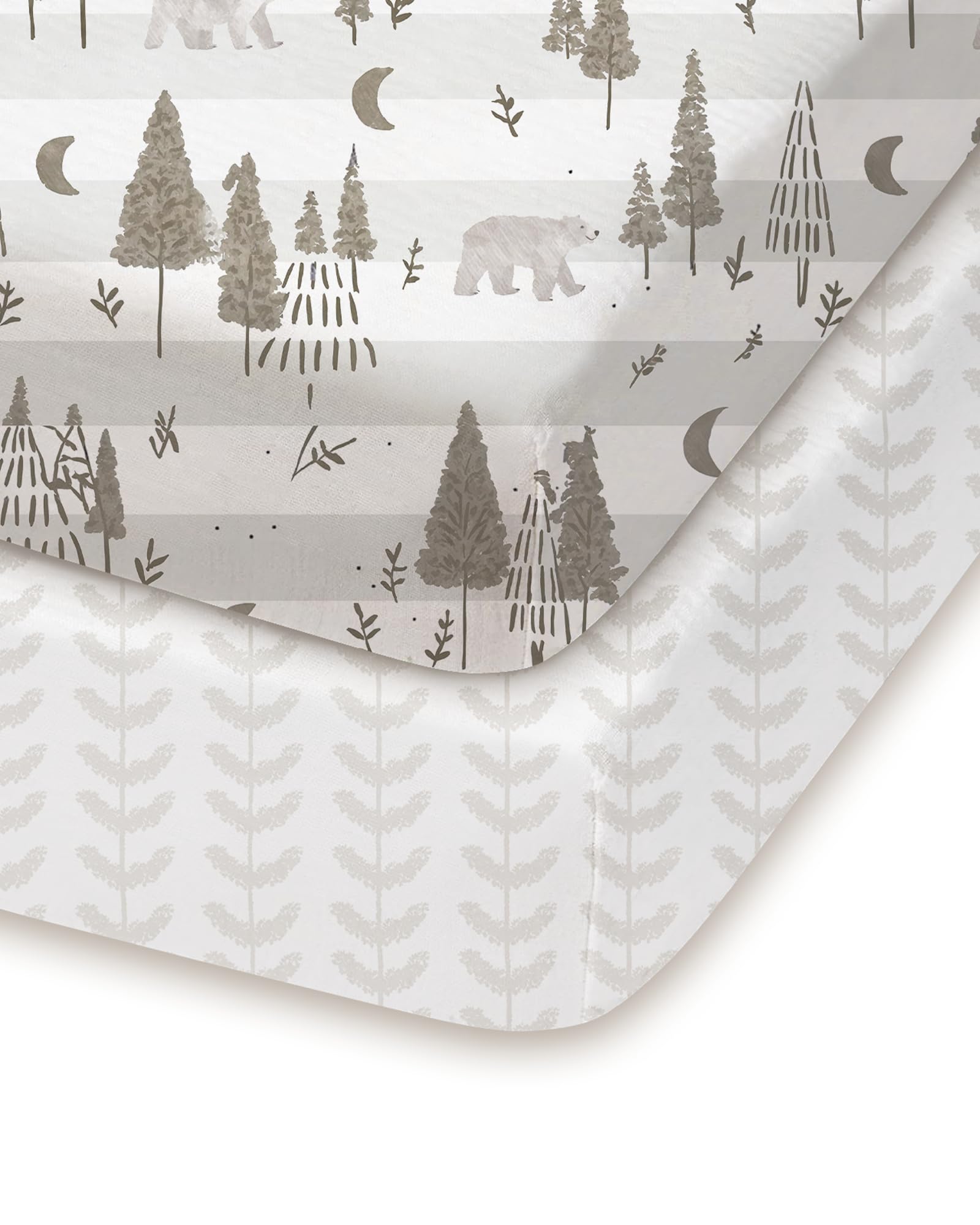 TotChill beige trees and leaf design pack-and-play sheets, two-pack for quick nursery changes.
