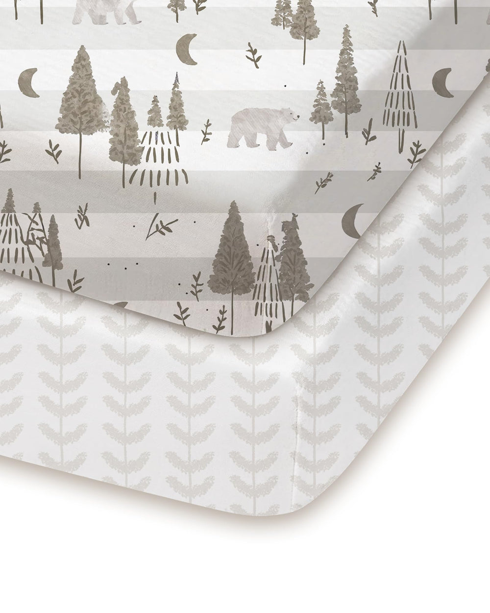TotChill beige trees and leaf design pack-and-play sheets, two-pack for quick nursery changes.
