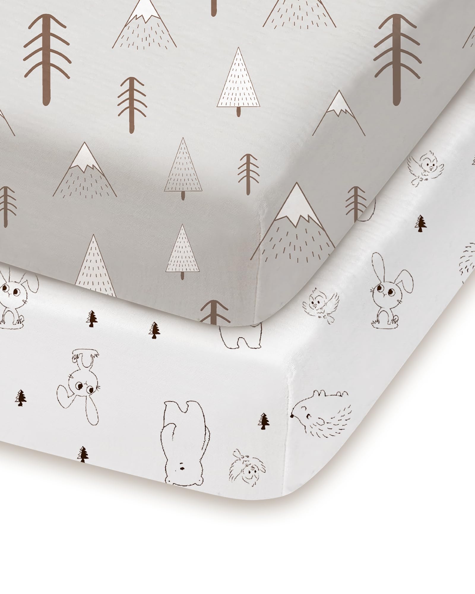 TotChill pack and play sheets in grey woodland design provide a cozy sleep surface.
