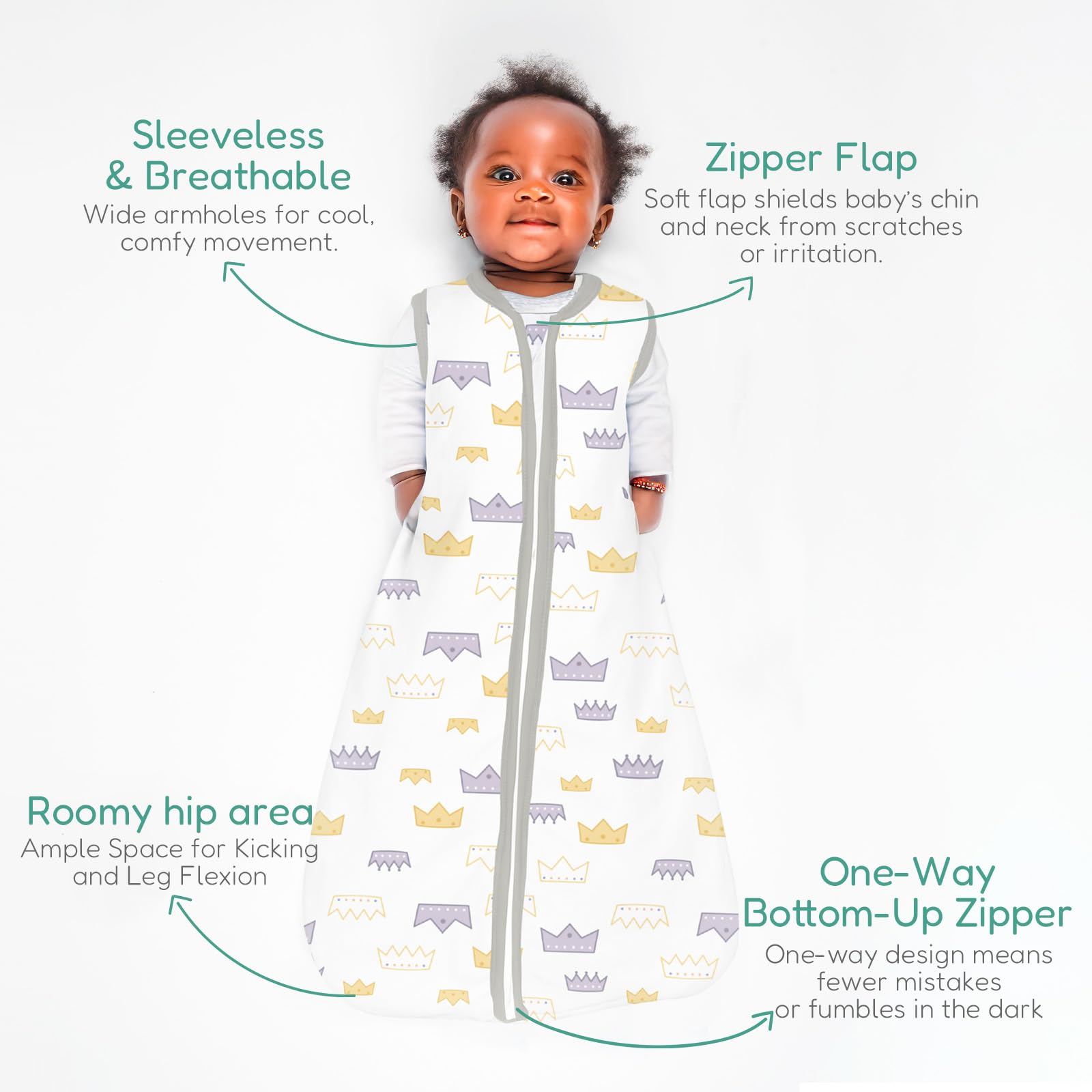 TOTCHILL sleep sack with one-way zipper for quick, quiet changes.