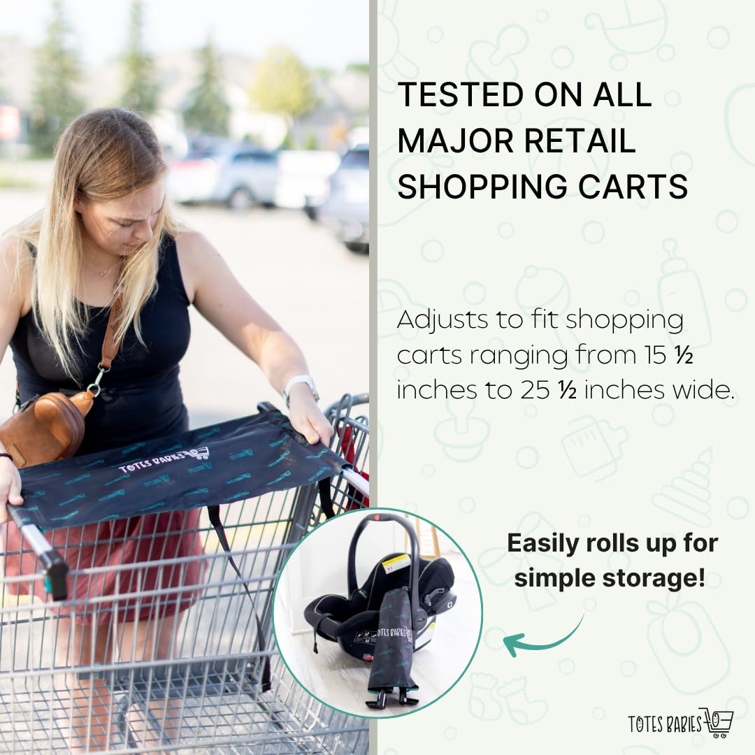 Totes Babies safety-tested carrier demonstrates secure strap for shopping trips.