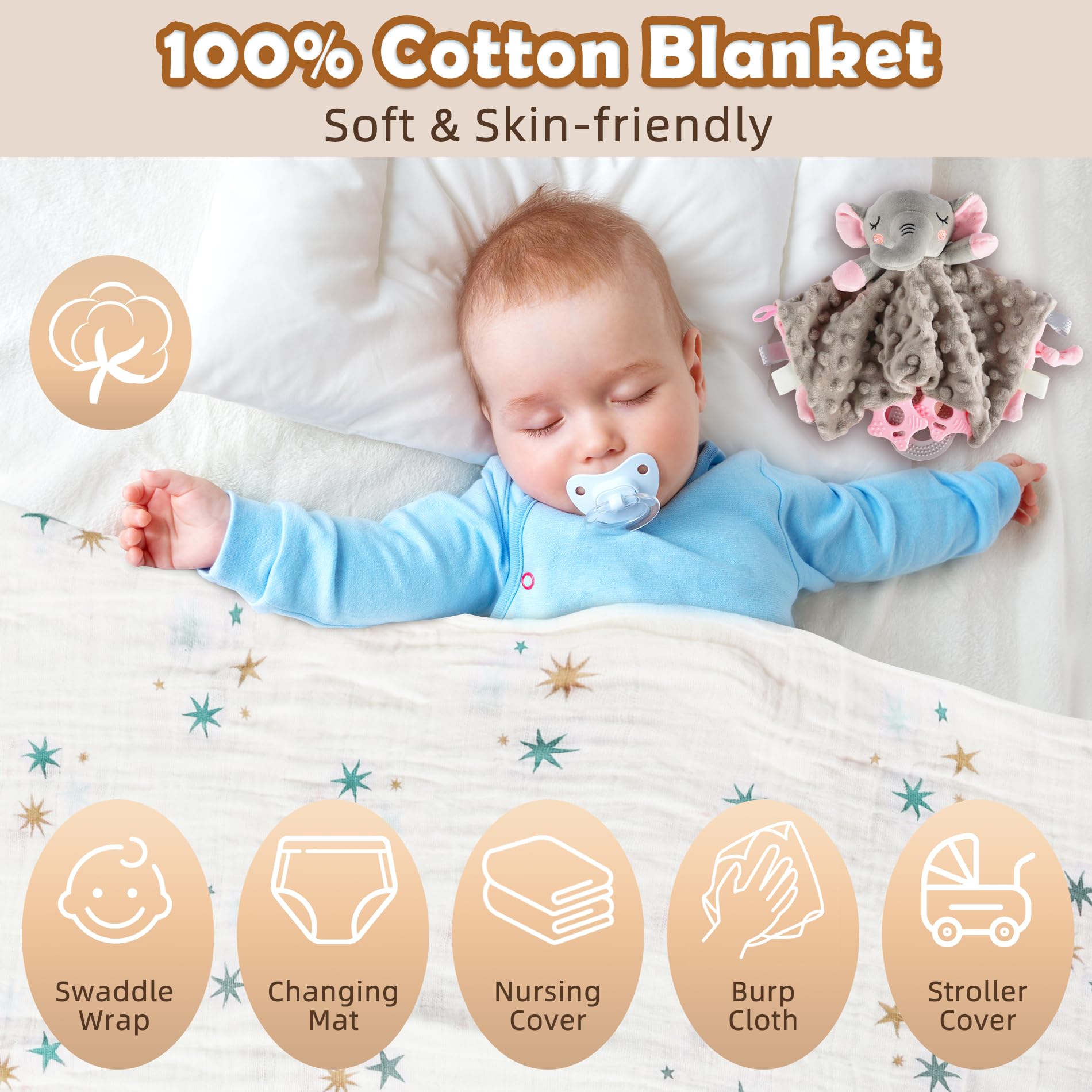 Totiro elephant blanket with plush texture soothes and engages baby during tummy time.