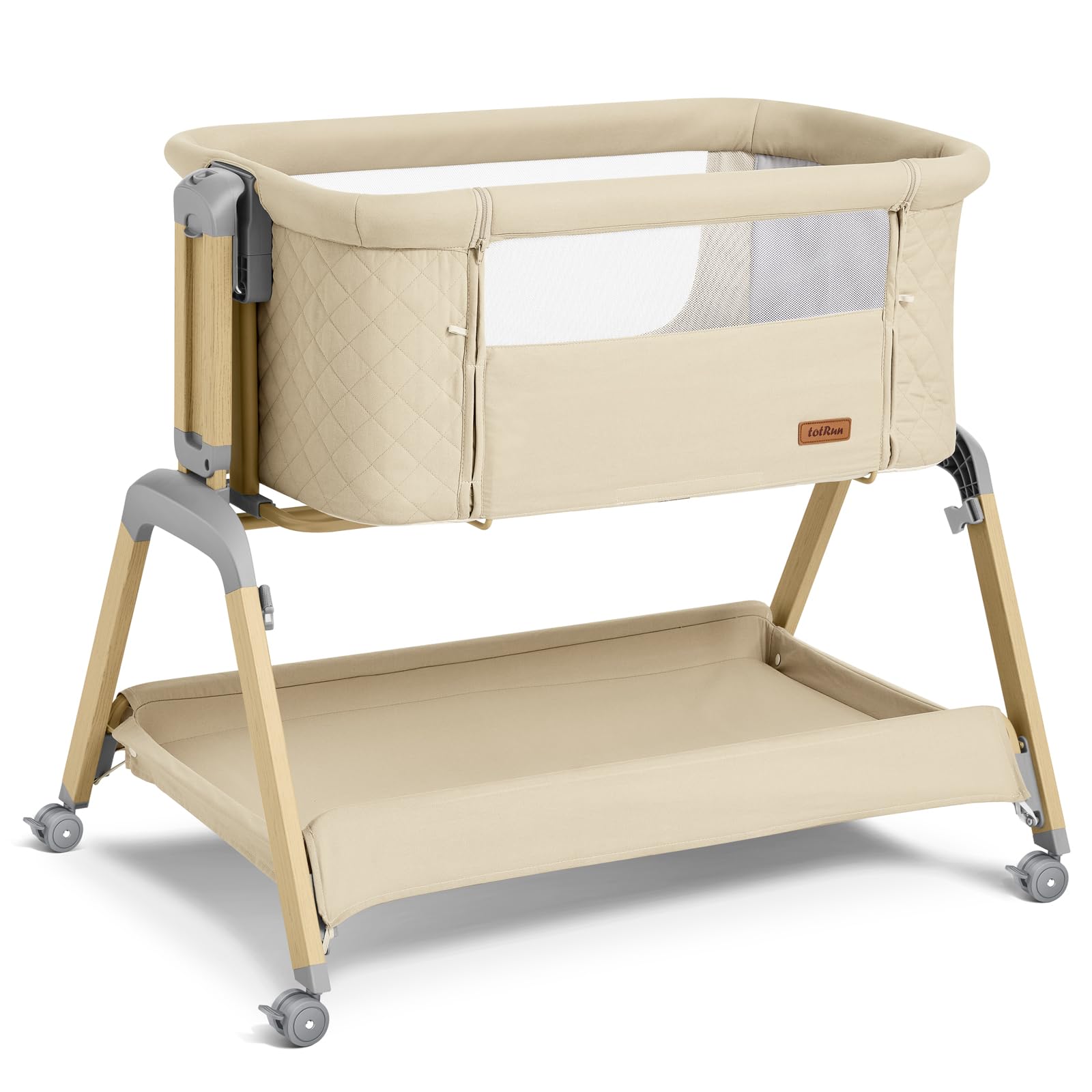 TotRun bassinet bedside sleeper beige showing secure bedside attachment for night feeds
