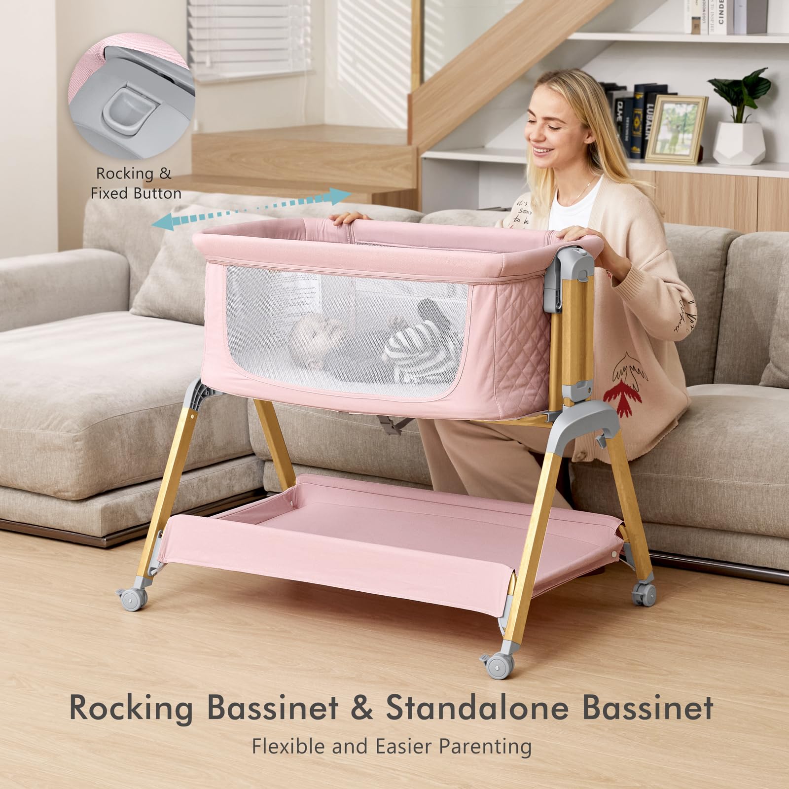 TotRun Bassinet pink-night use shows close bonding during nighttime care.