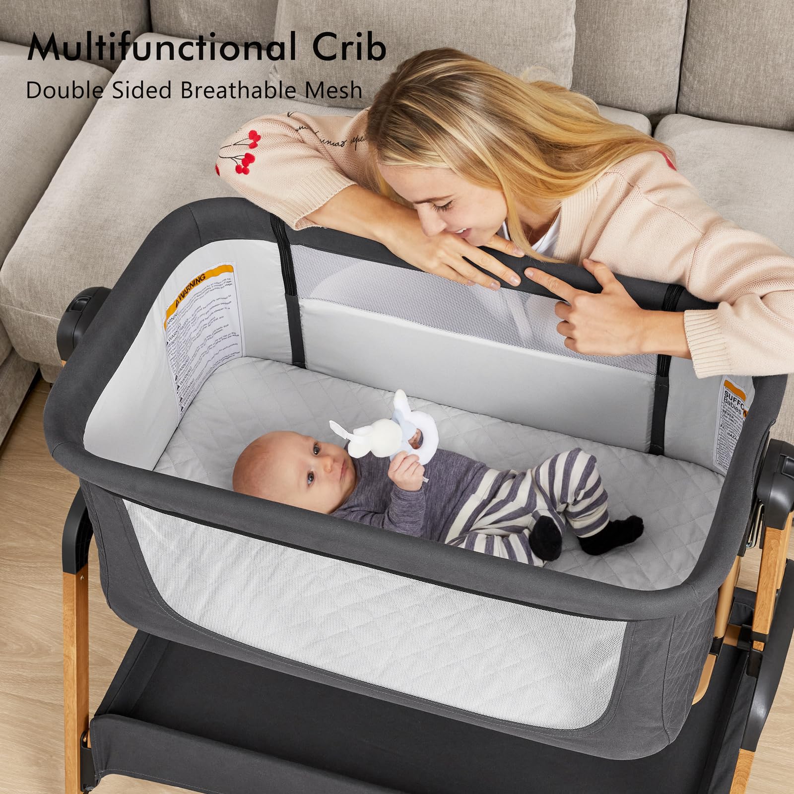 TotRun Bassinet Bedside Sleeper securely attaches to bed for safety and convenience