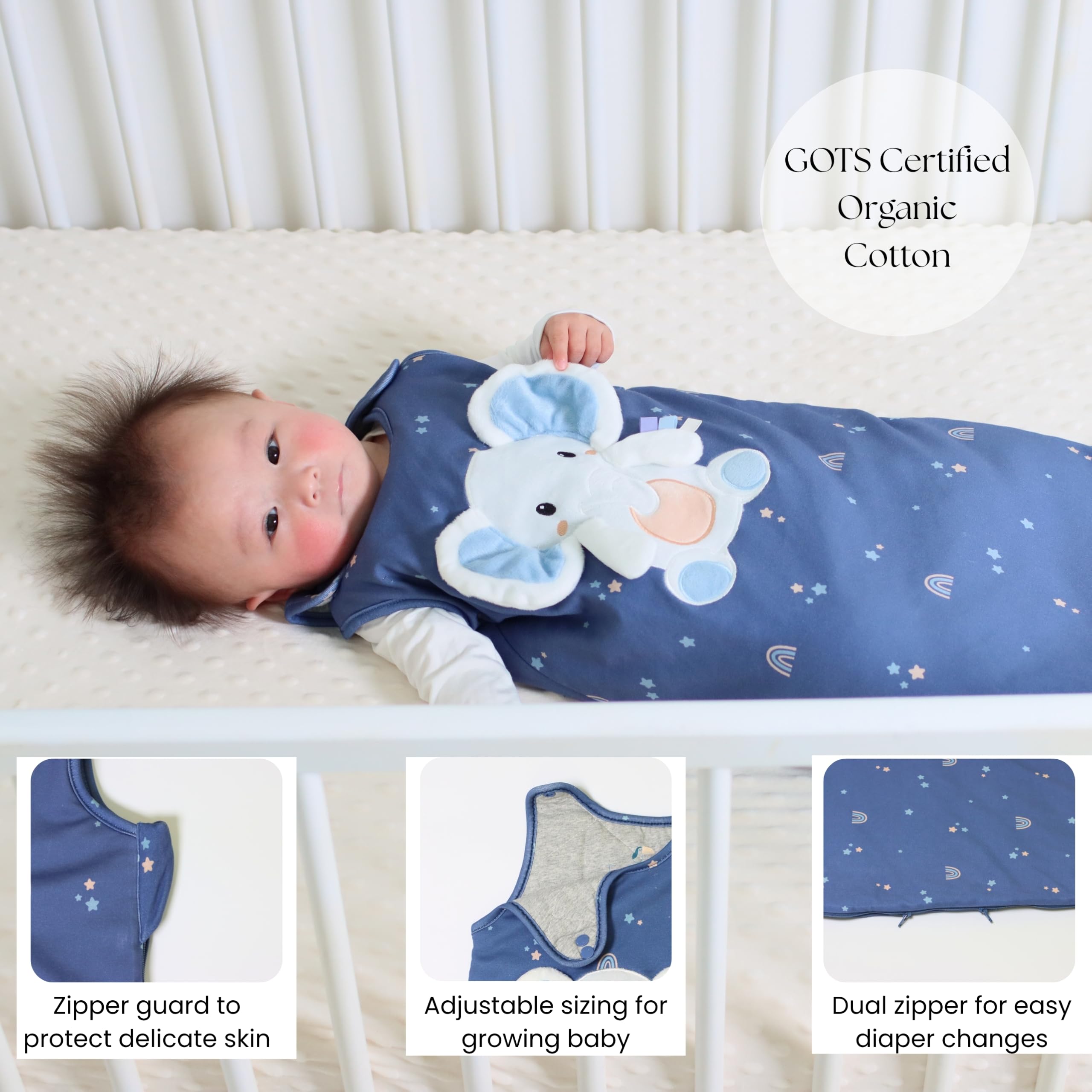 Toucan Baby two-way zipper allows easy diaper changes at night.