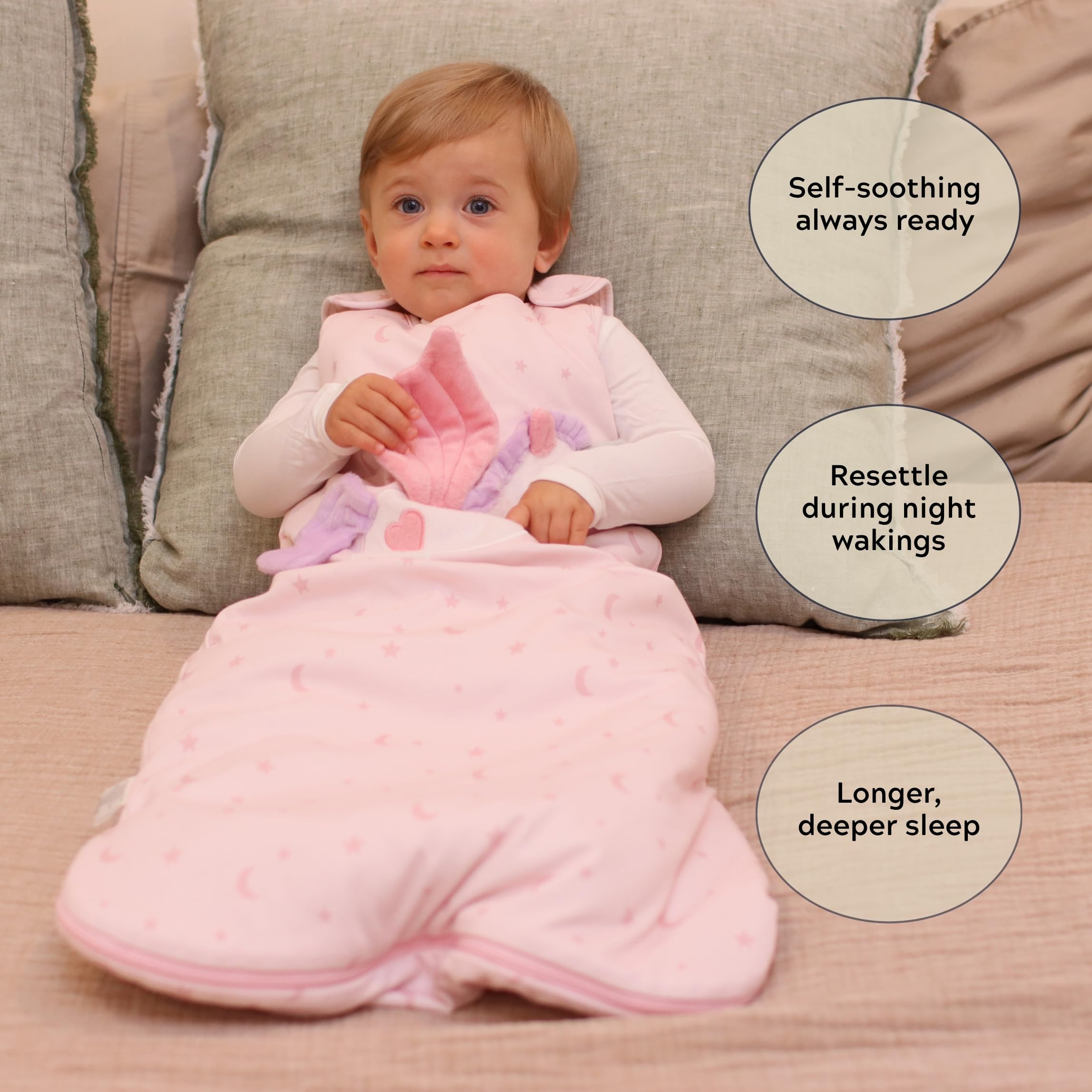 Toucan Baby Unicorn sleep sack with adjustable snaps for growing babies.