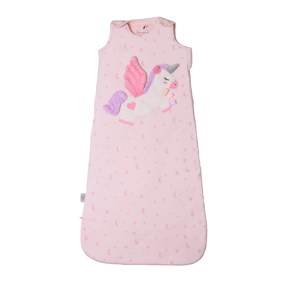 Toucan Baby Unicorn sleep sack with lovey closeup, plush textures aiding self-soothing.