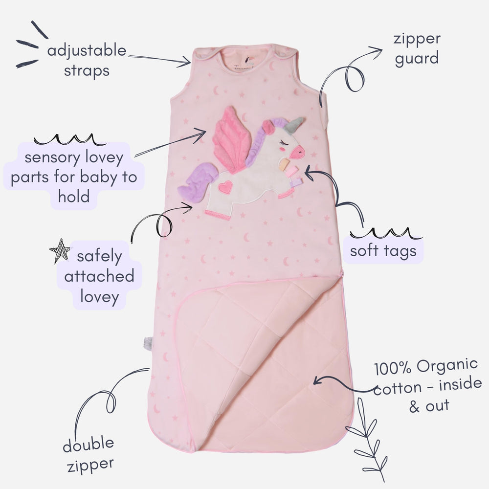 Toucan Baby Unicorn sleep sack made from organic cotton, breathable by design.