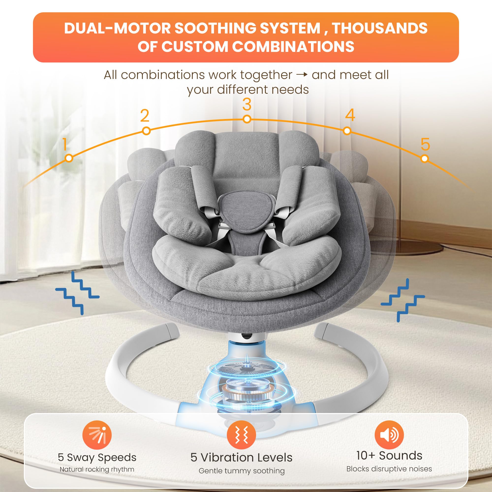 TouHeart swing features 5-speed sway for customizable comfort.